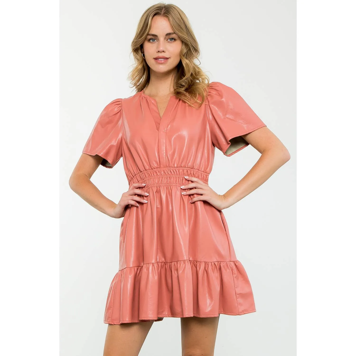 Blush Short Sleeve Leather Dress