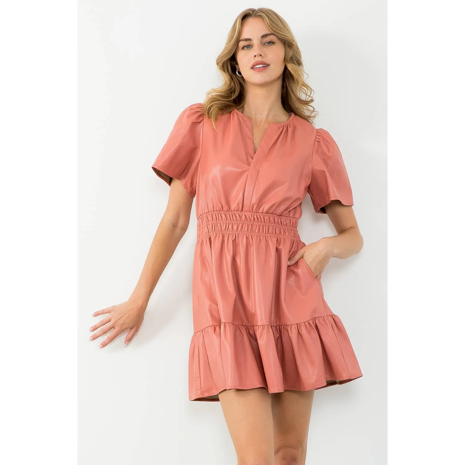 Blush Short Sleeve Leather Dress