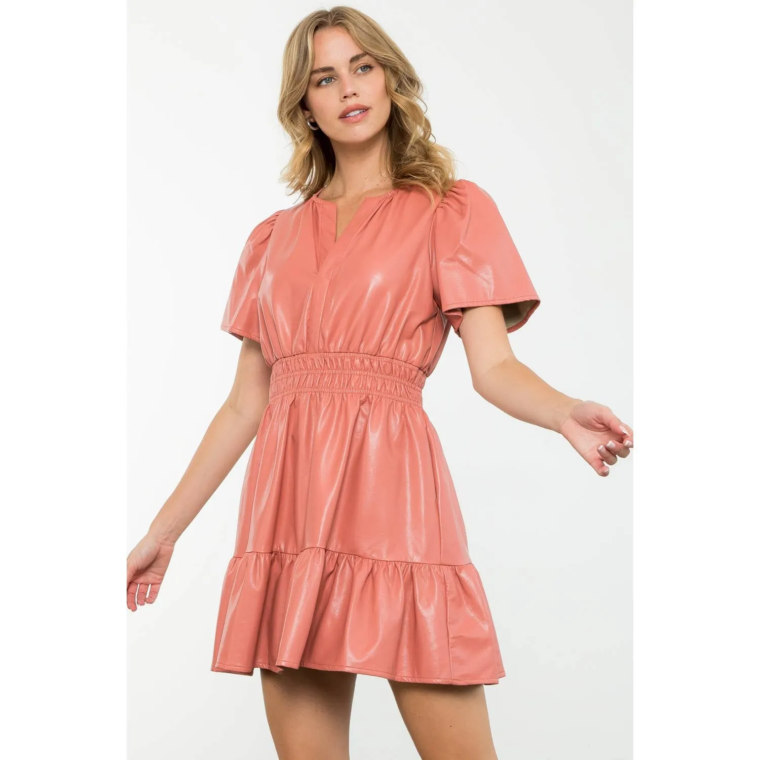 Blush Short Sleeve Leather Dress