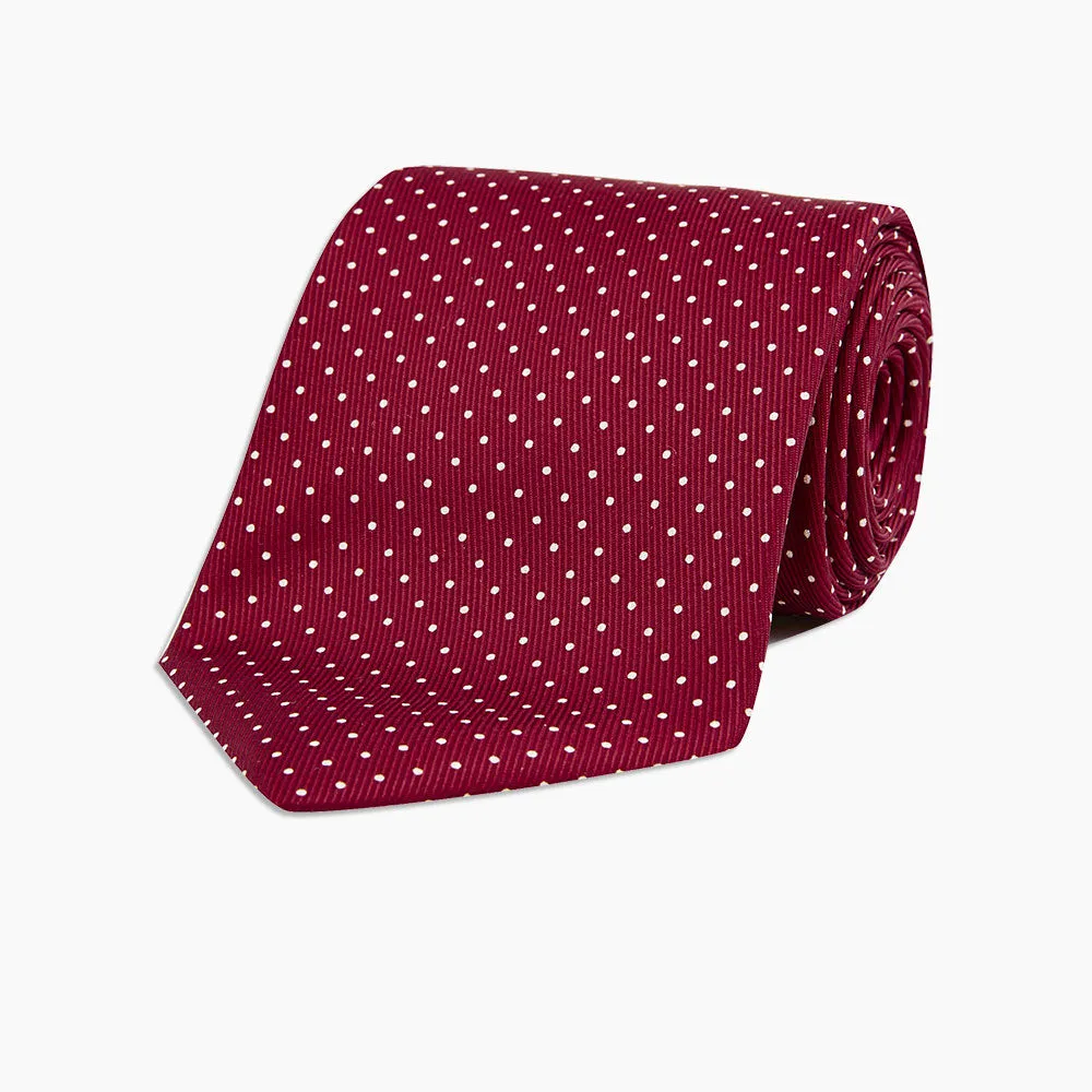 Burgundy and White Small Spot Printed Silk Tie