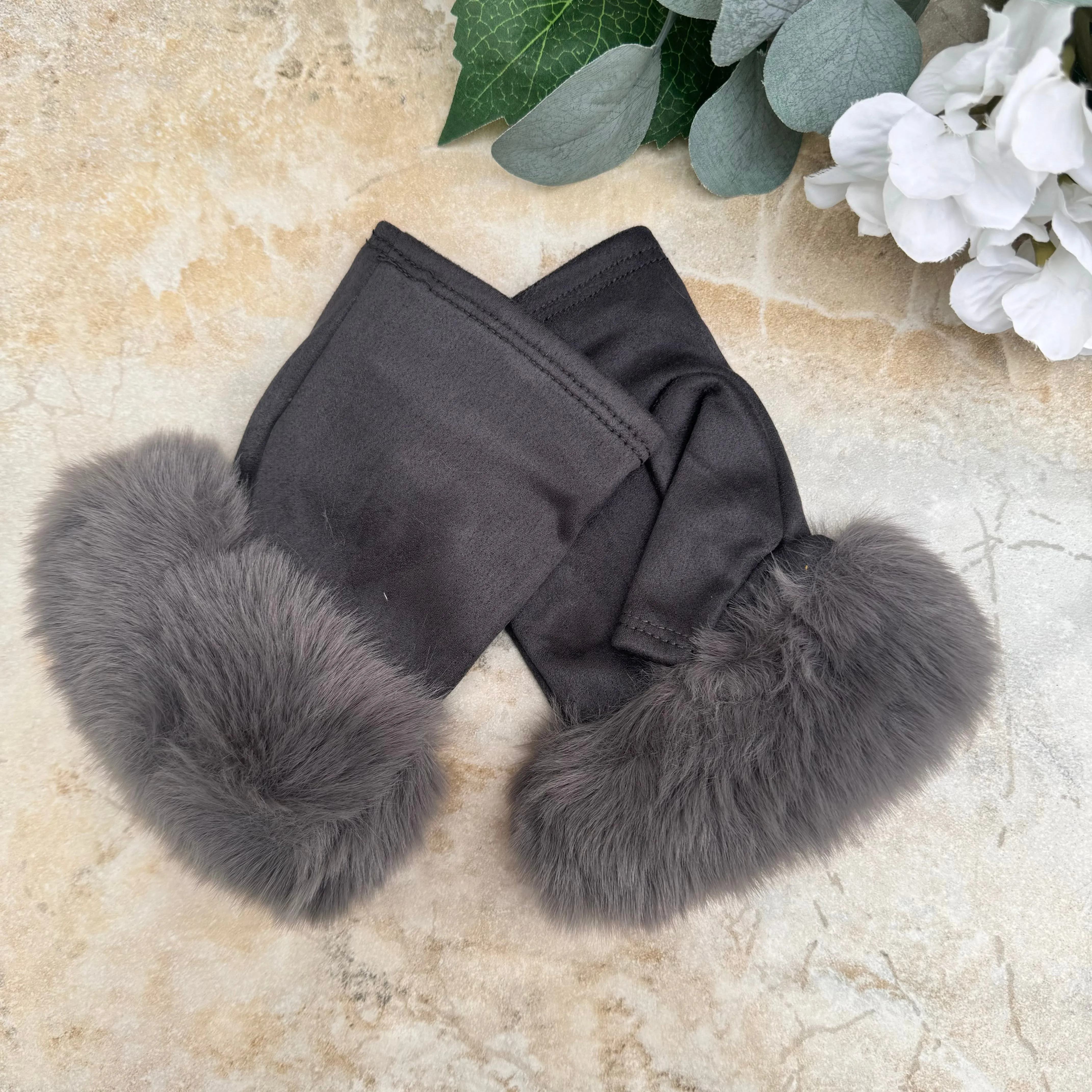 Butterfly Fingerless Faux Fur Edge Gloves