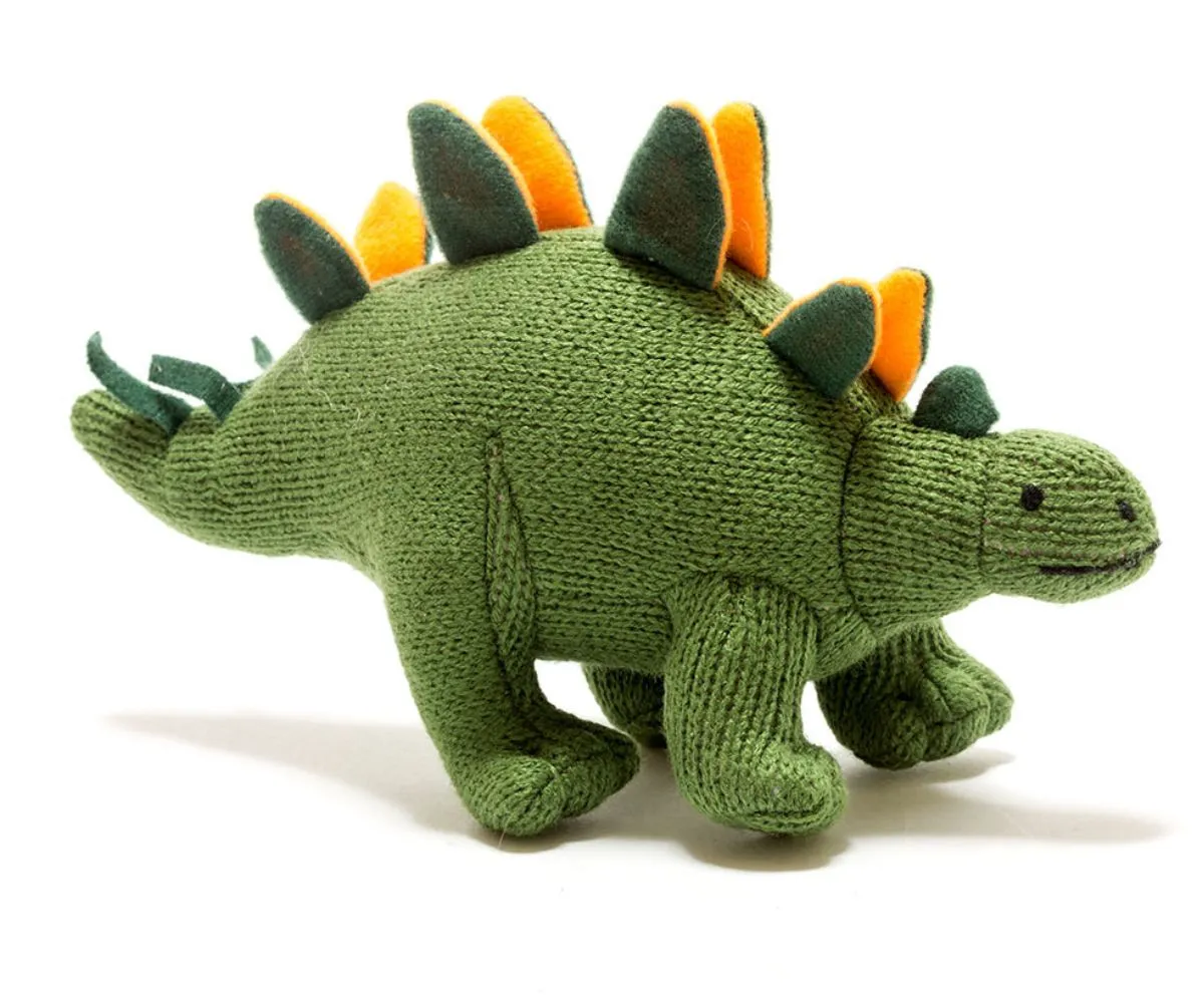 BY4546 Knitted Green Stegosaurus Dinosaur Baby Rattle in Orange By Best Years