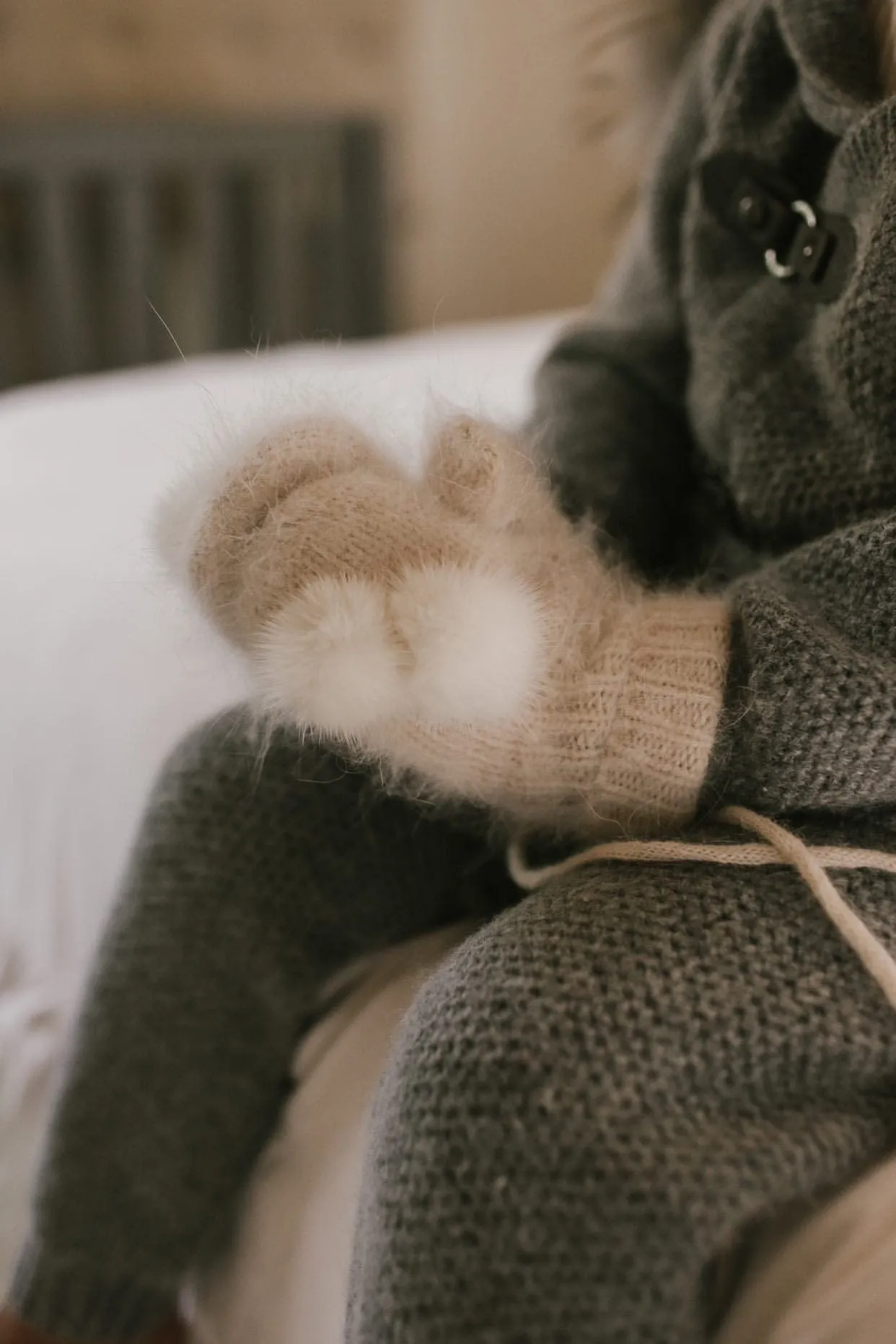 Cashmere Cream Mittens with Poms