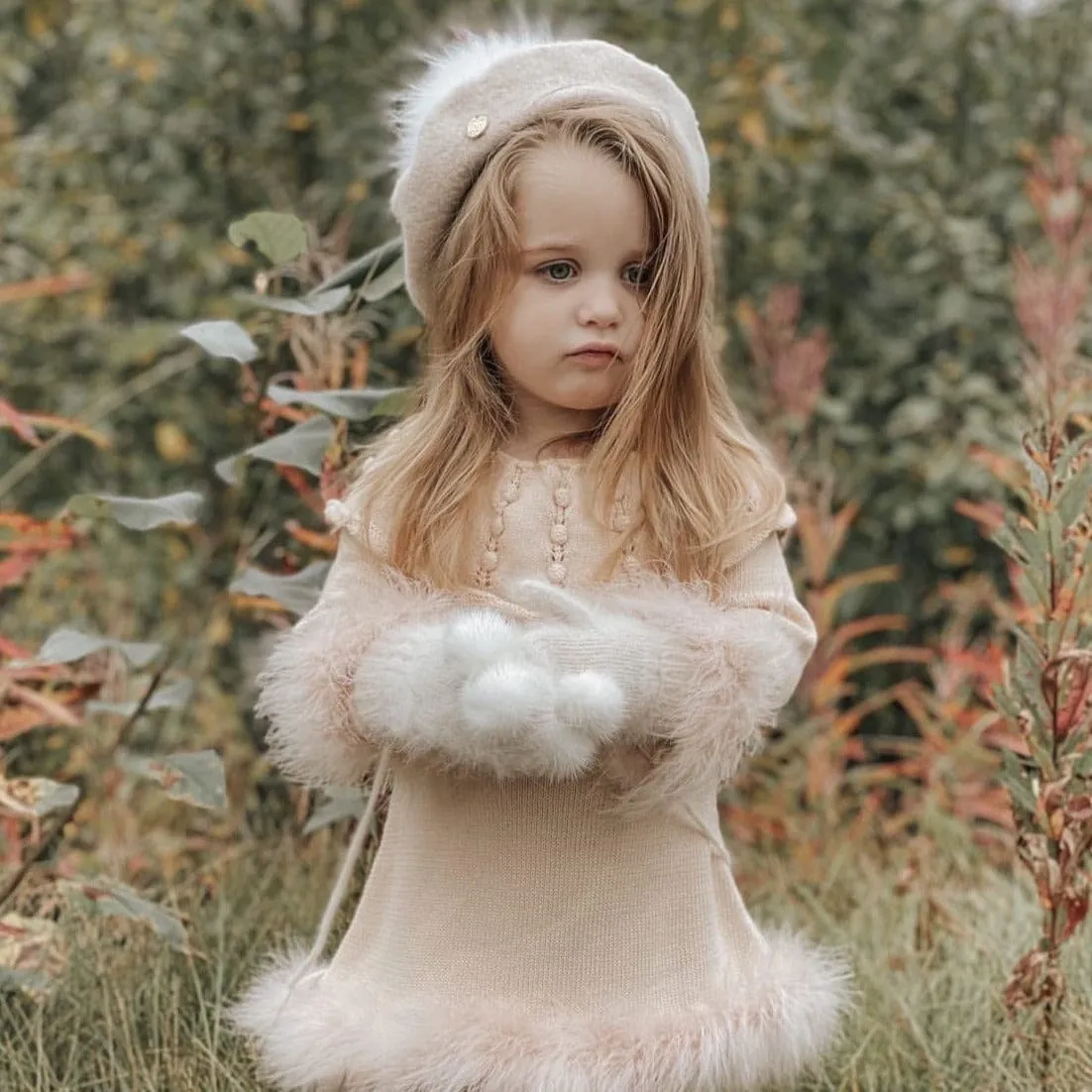 Cashmere Cream Mittens with Poms