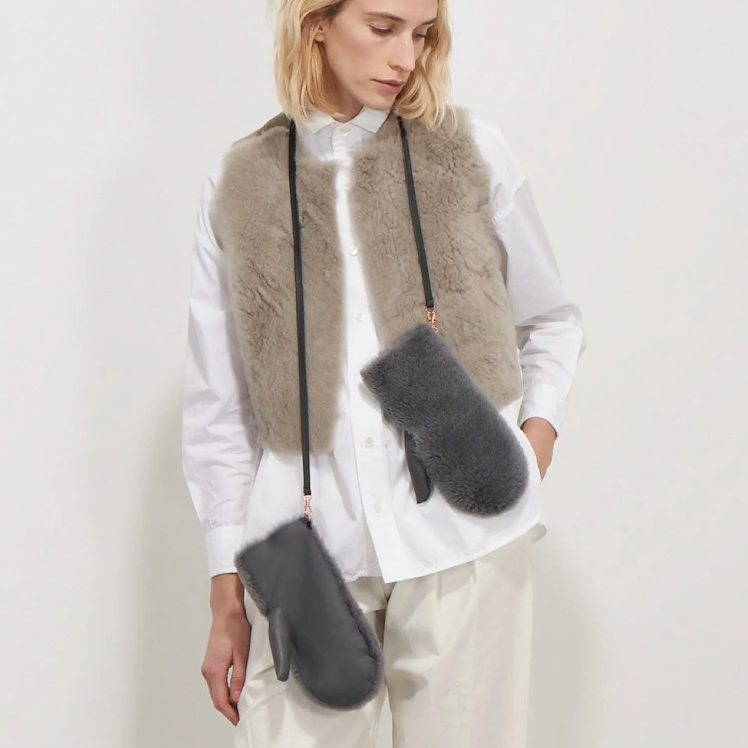 Cashmere Touch Shearling Mittens - Grey