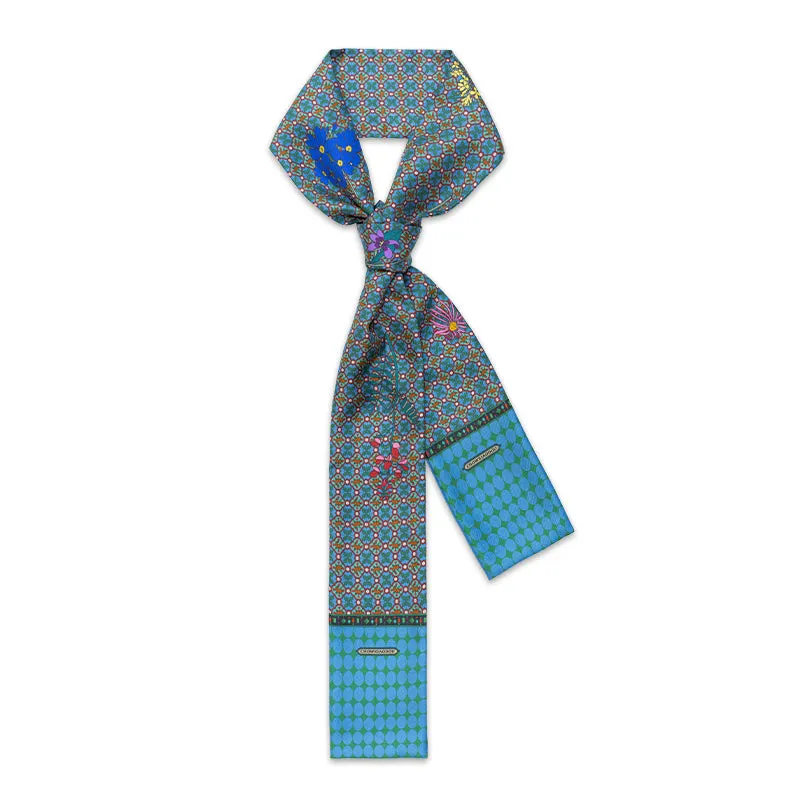 Chowxiaodou Printed Twill Silk Narrow Scarf-Blue