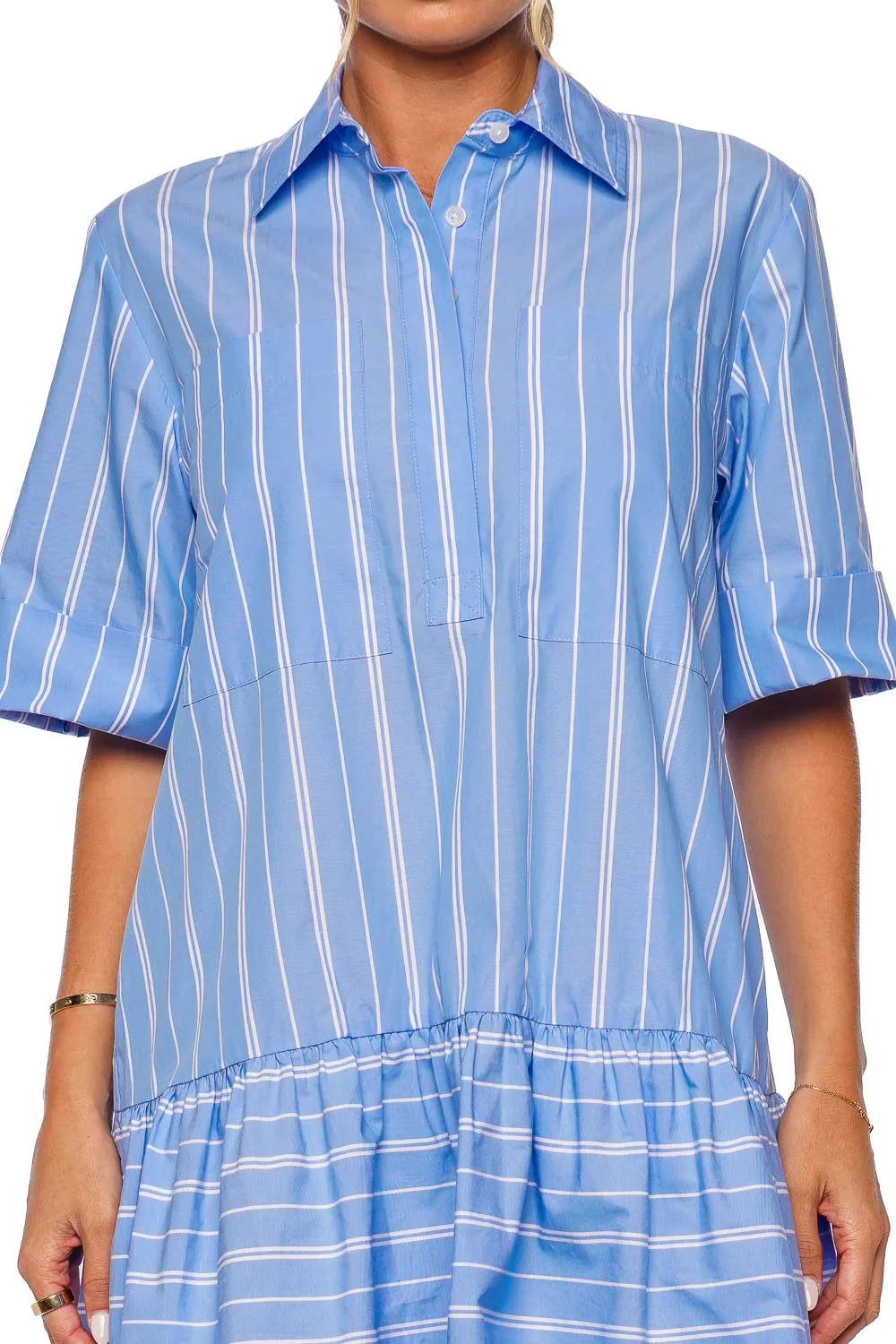 Cris Blue Striped Mini Shirt Dress