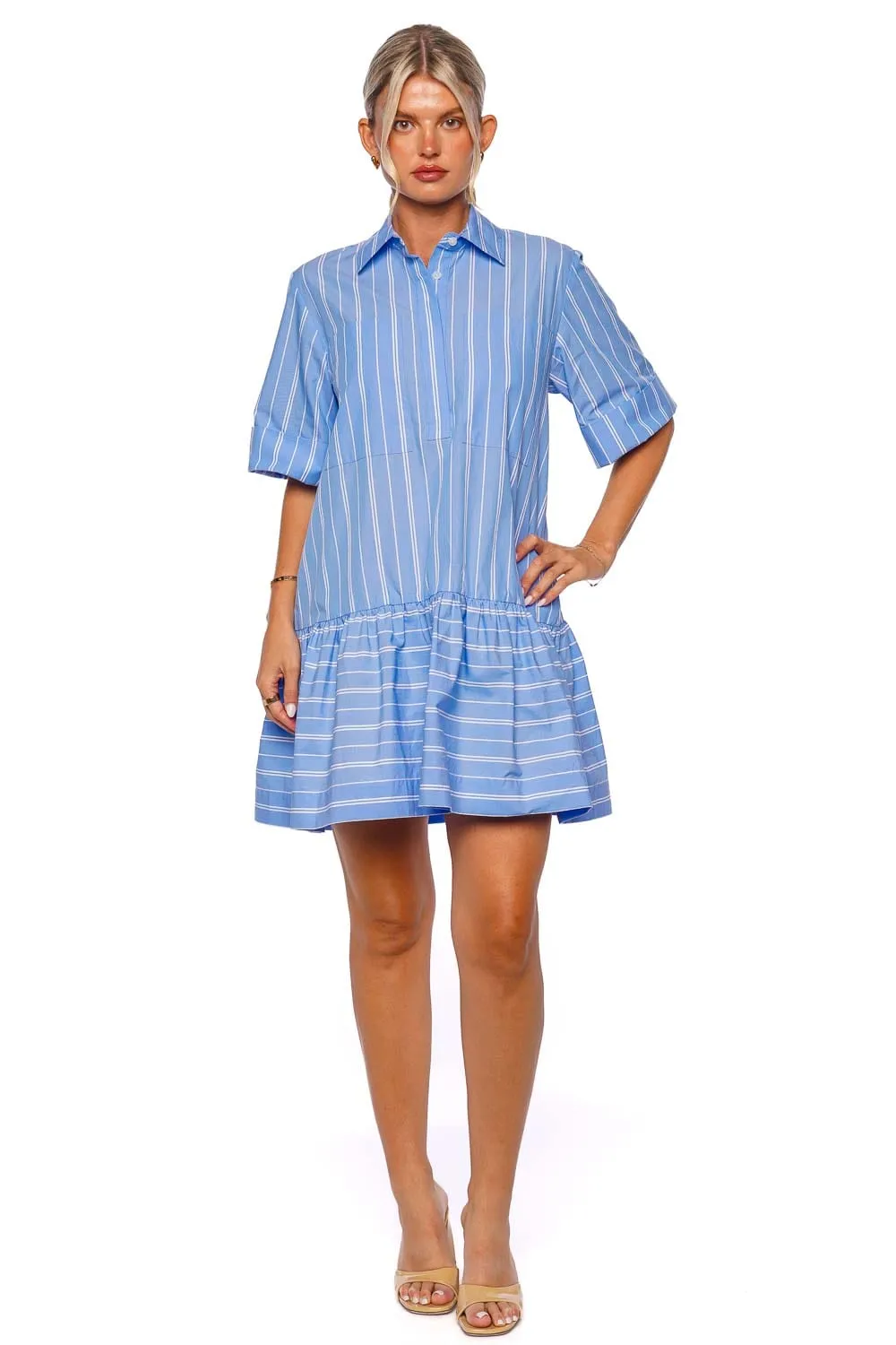 Cris Blue Striped Mini Shirt Dress