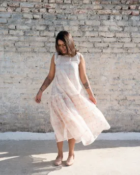 Dana Silk Cotton Hand printed Pleated Hem Dress