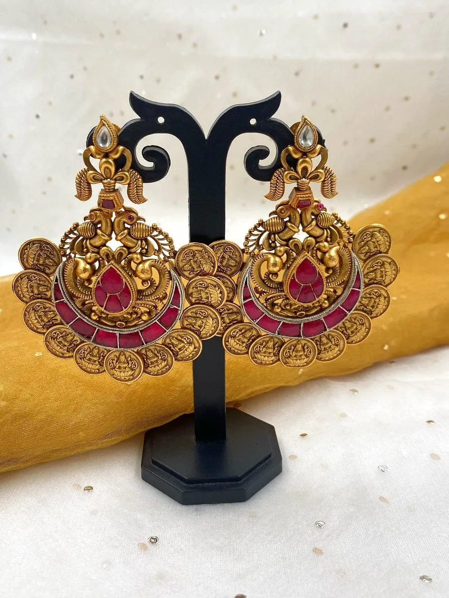 Designer Gold Plated Temple Lakshmi Coin Golden Chandbali Earrings For Weddings