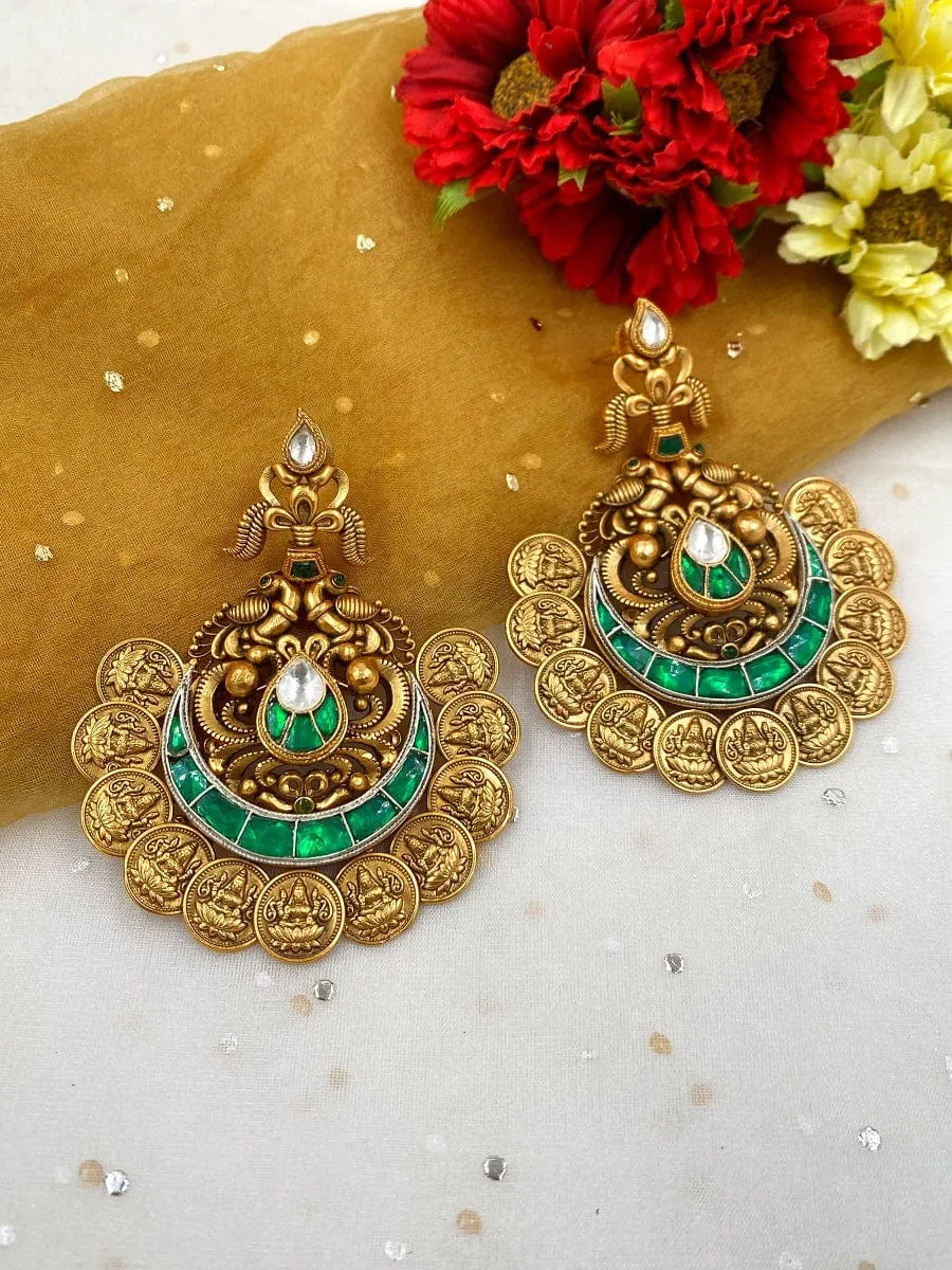 Designer Gold Plated Temple Lakshmi Coin Golden Chandbali Earrings For Weddings