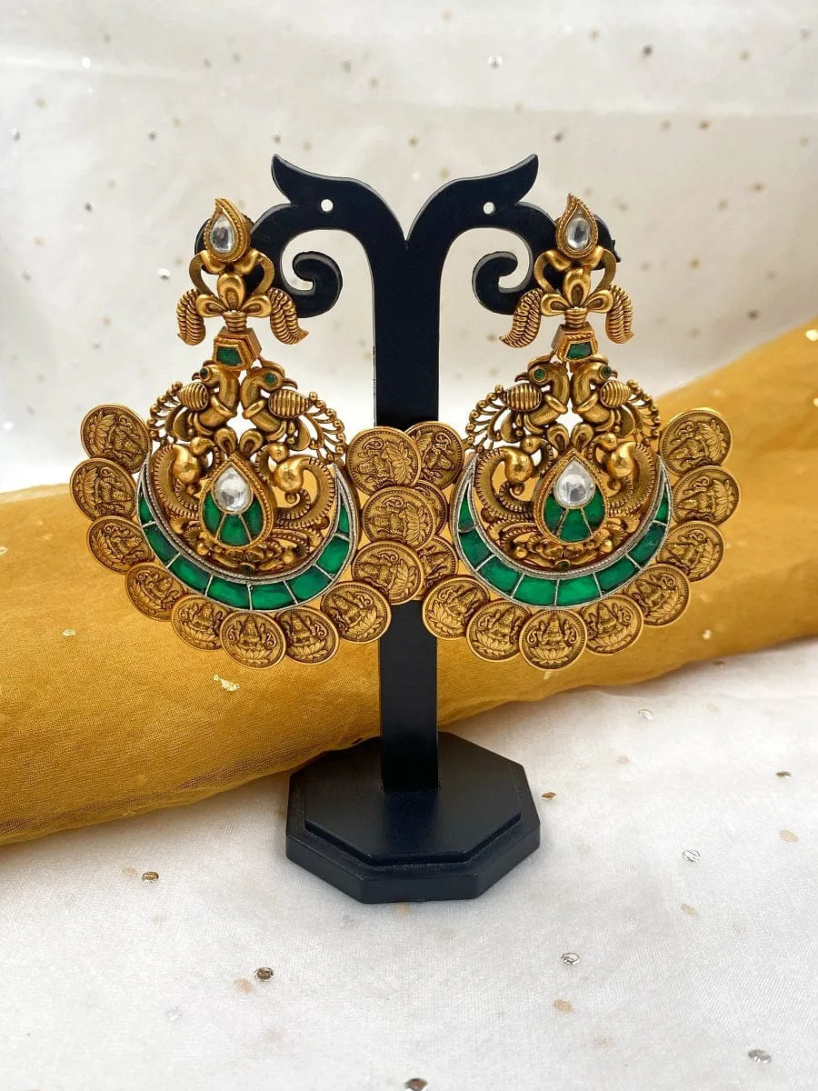 Designer Gold Plated Temple Lakshmi Coin Golden Chandbali Earrings For Weddings