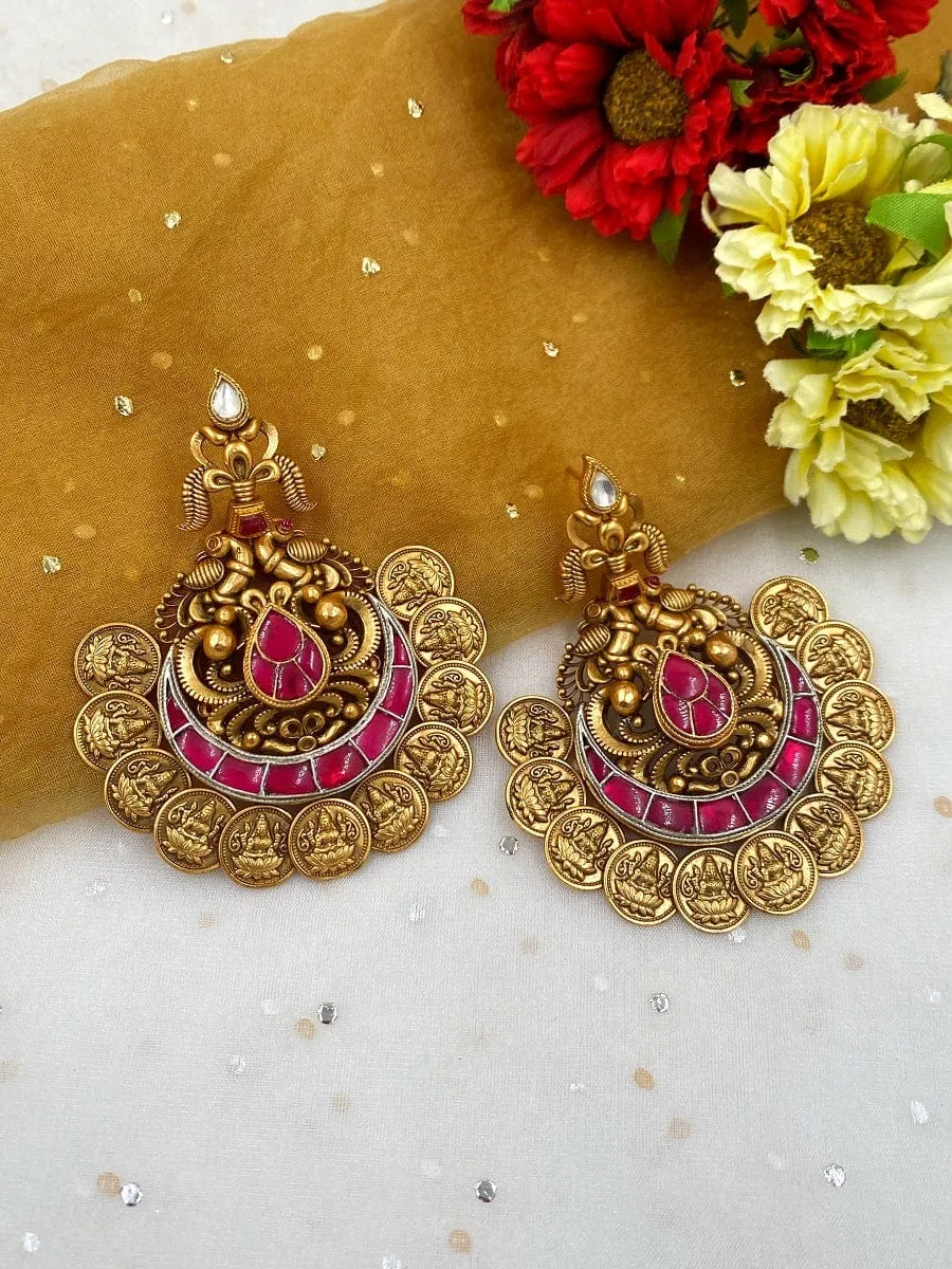 Designer Gold Plated Temple Lakshmi Coin Golden Chandbali Earrings For Weddings