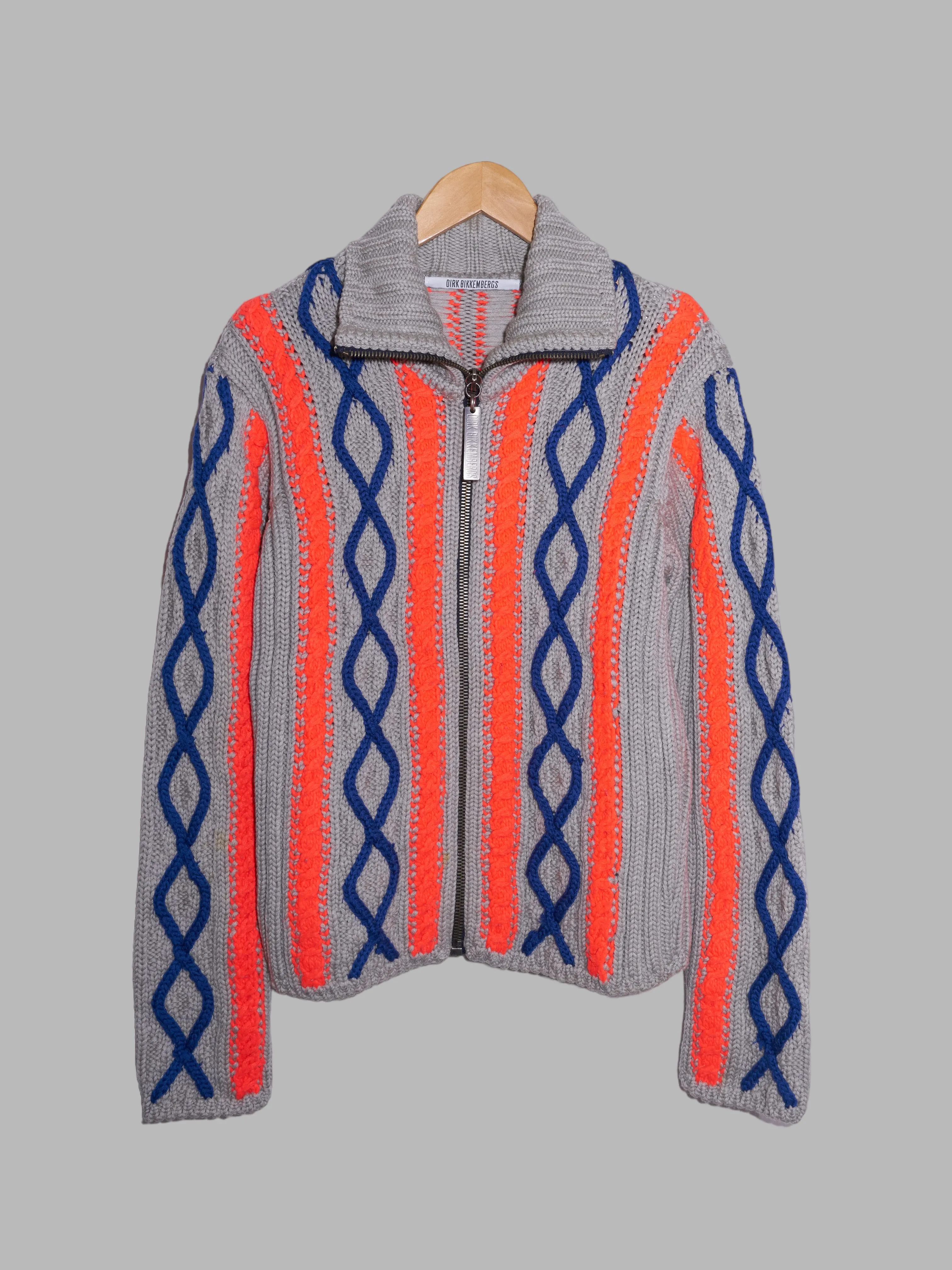 Dirk Bikkembergs 1990s grey blue fluorescent orange wool knit zip jacket - M