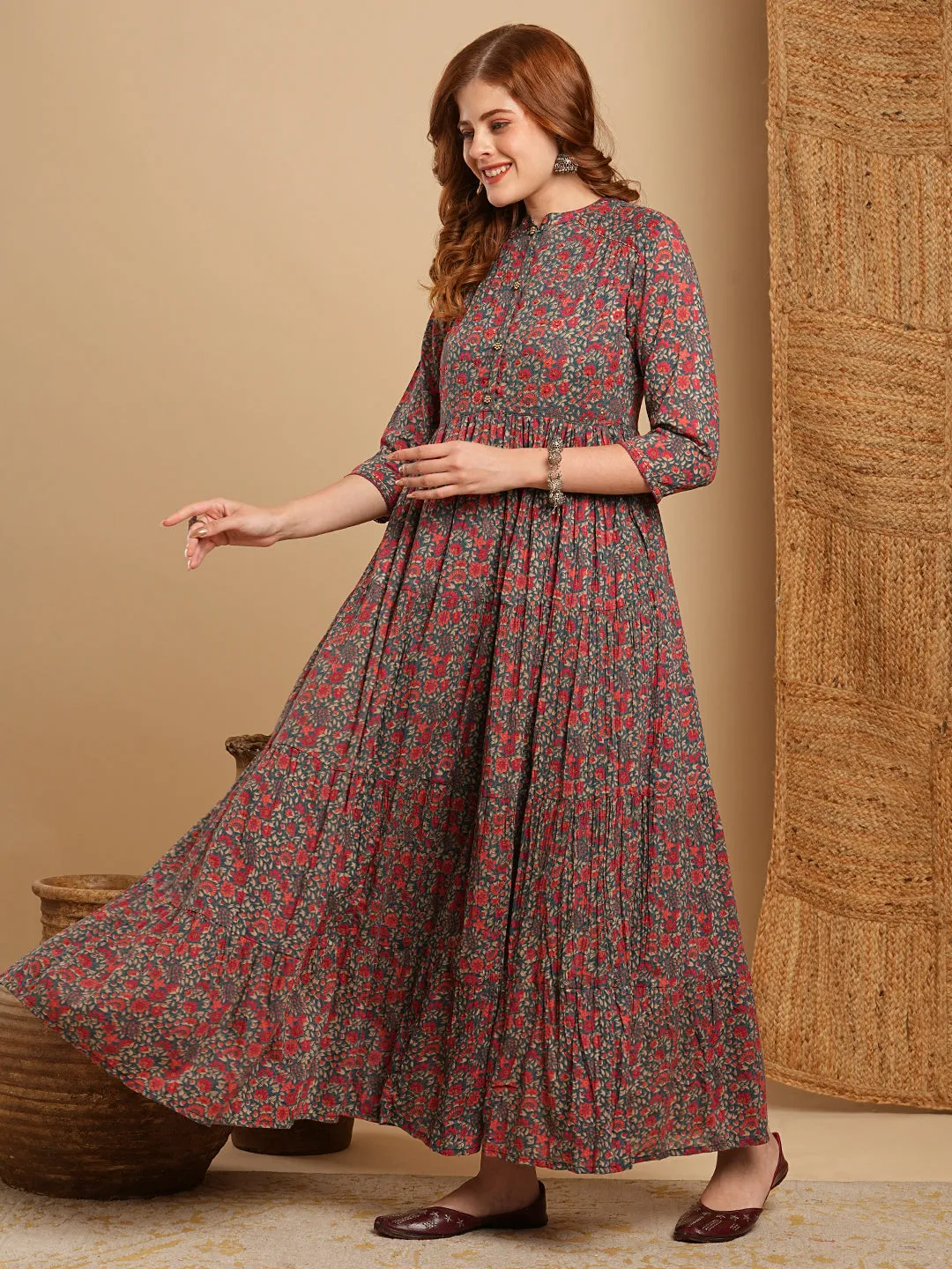 Ethnic Floral Printed & Embroidered A-Line Pleated Tiered Maxi Dress - Green