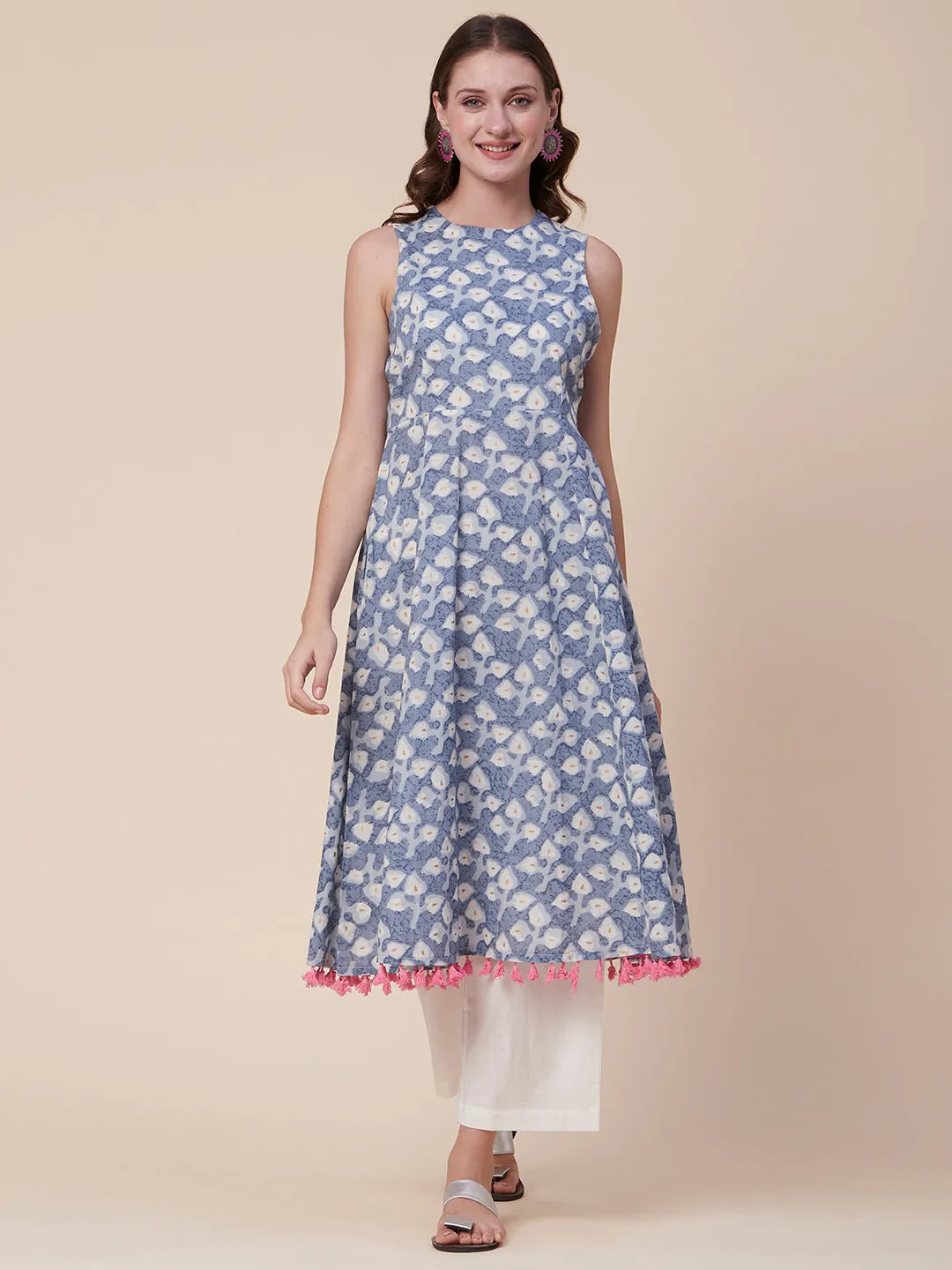 Ethnic Foil Printed A-Line Flared Tasseled Kurta with Palazzo - Blue