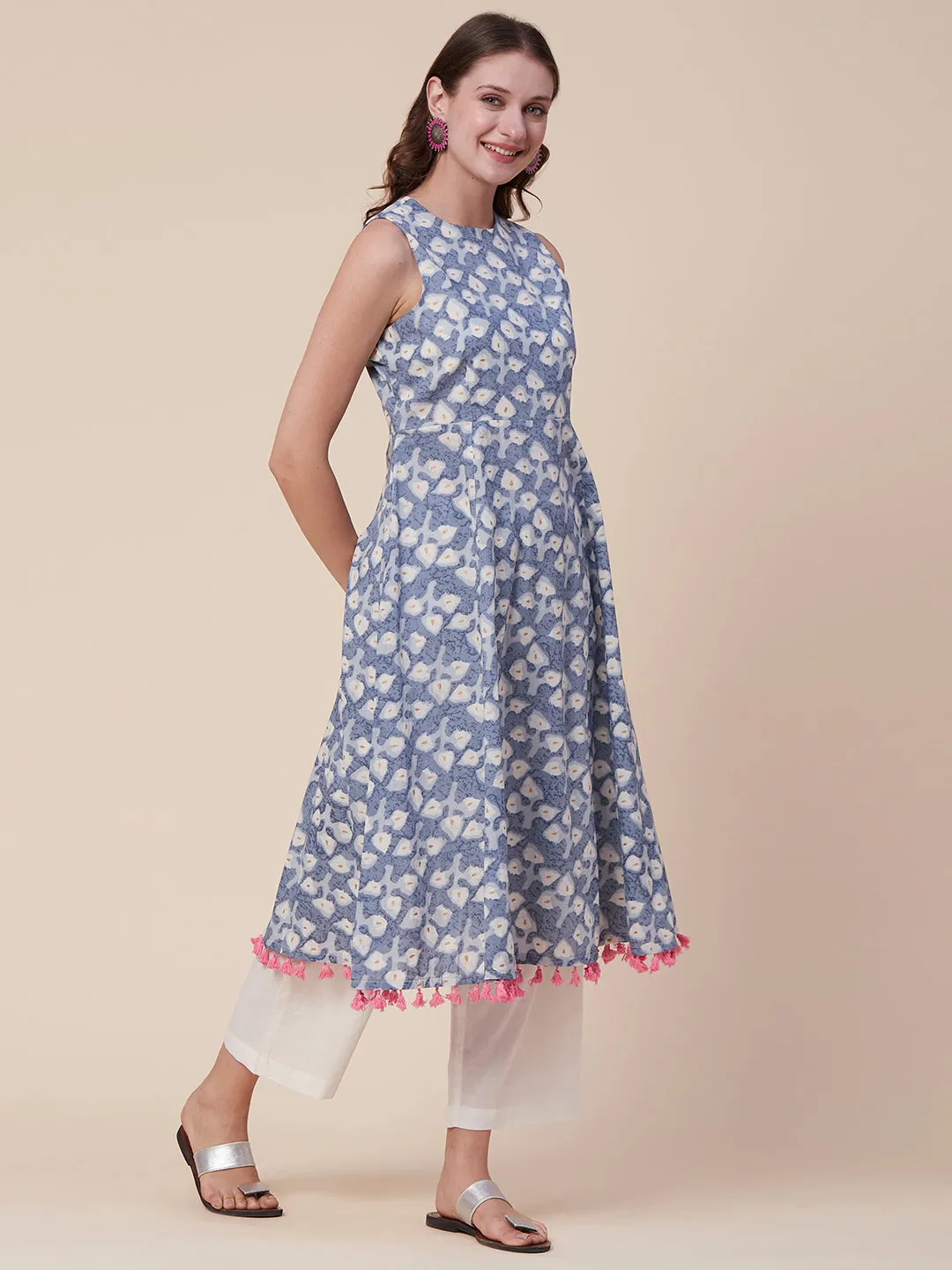 Ethnic Foil Printed A-Line Flared Tasseled Kurta with Palazzo - Blue