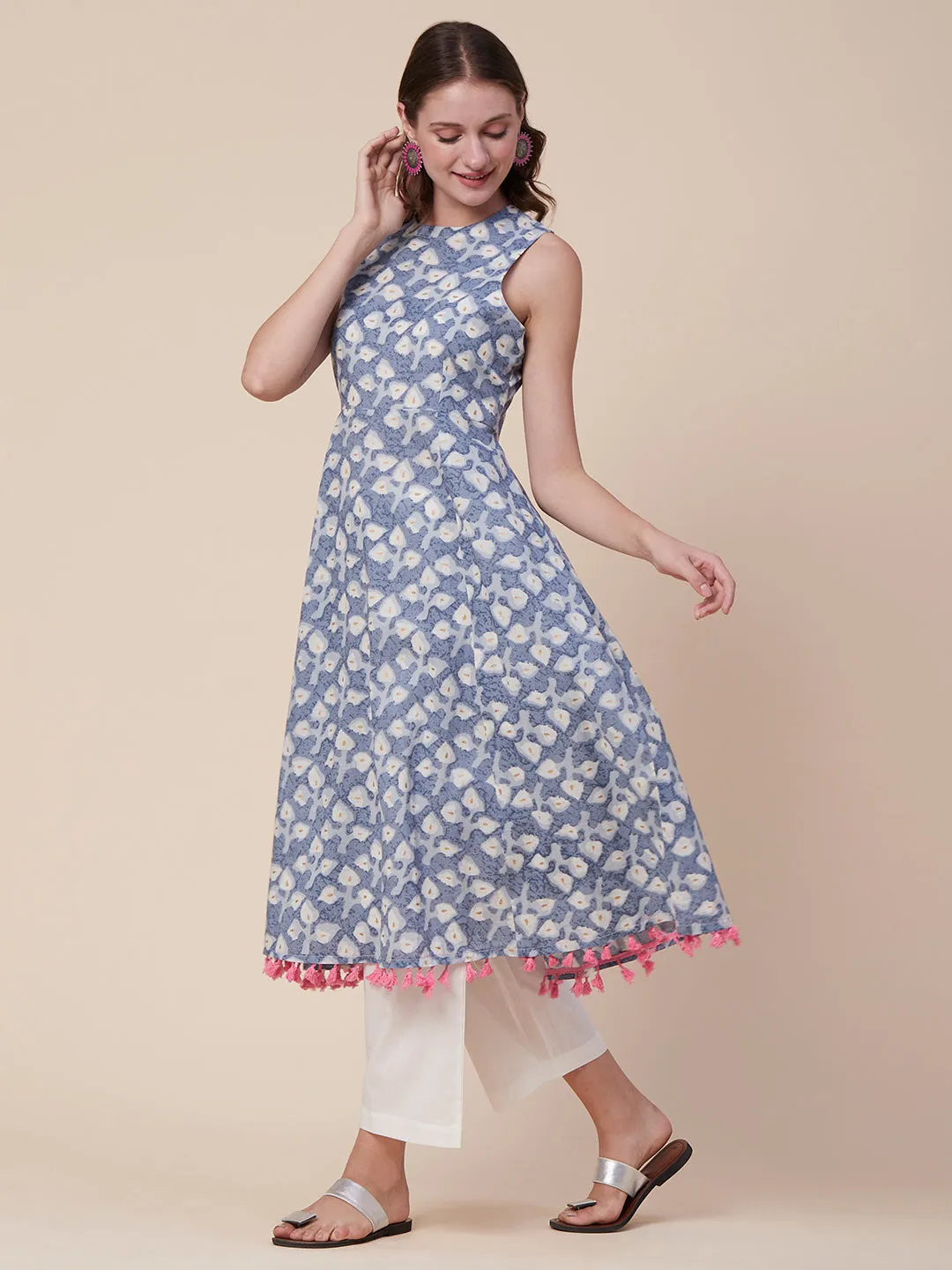 Ethnic Foil Printed A-Line Flared Tasseled Kurta with Palazzo - Blue