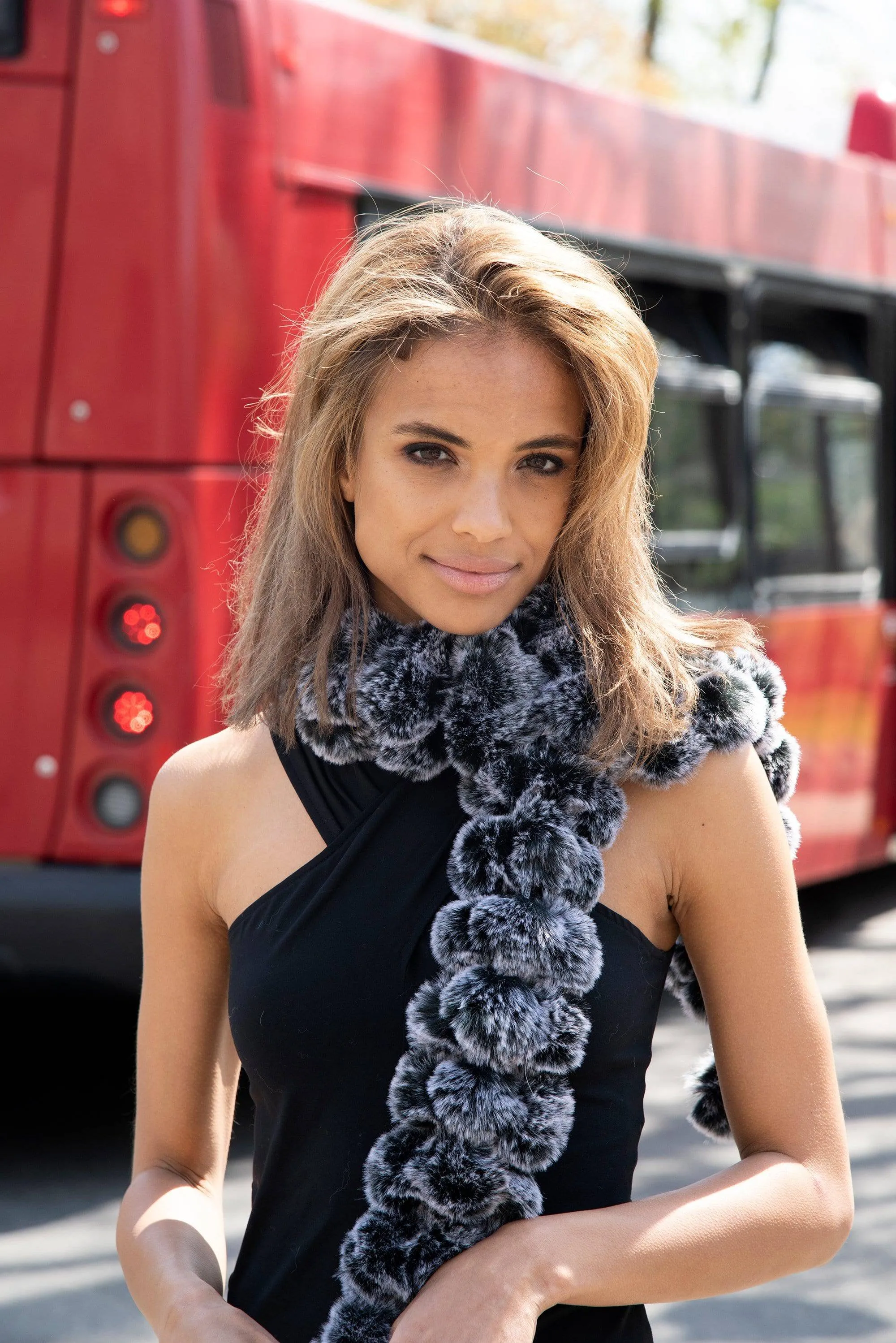 Faux Fur Poms Muffler-Black/Snow