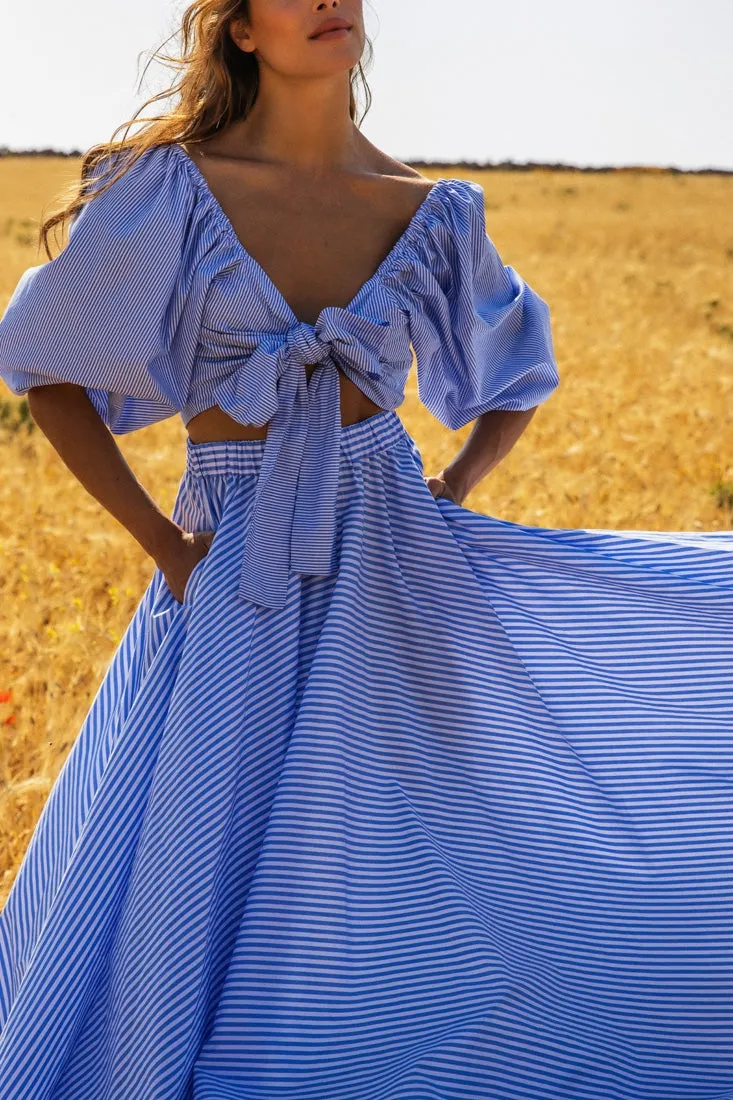 Front Tie Blouse - Blue   White Stripe