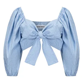 Front Tie Blouse - Blue   White Stripe