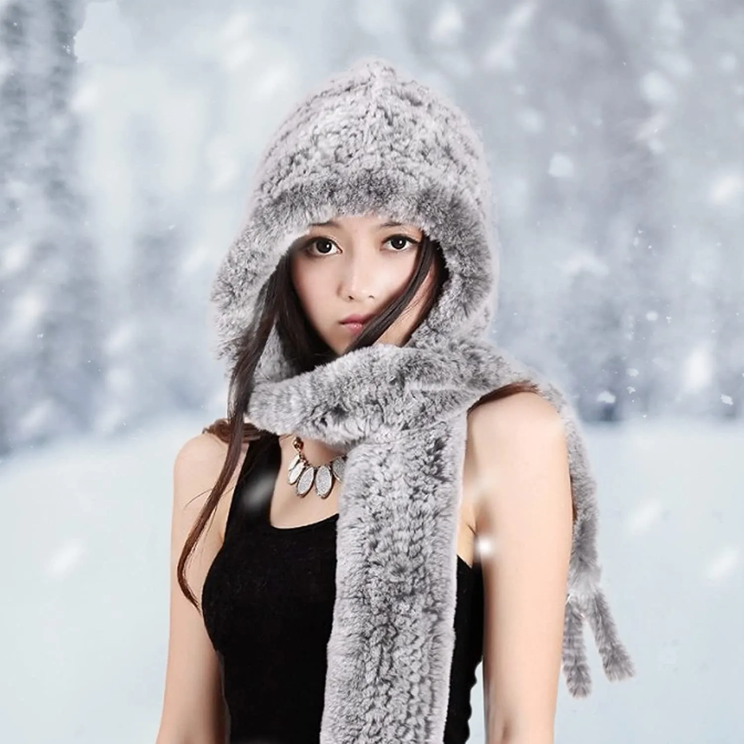 Fur Hooded Scarf Hat Scarves Hood Scarf Beanie For Women Head Neck Warmer Winter With Rabbit Fur