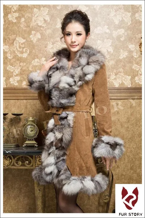 Genuine Leather Coat Pig Suede Leather Silver Fox Fur Collar  Jacket Outwear  010204