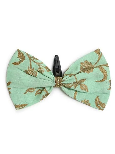 Girls Combo Co-ord Set And Bow Hairclip Gold Print- Green