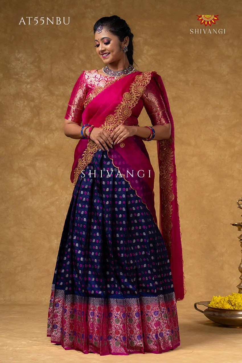 Girls Navy Blue Floral Bandhini Half Saree | Langa Davani