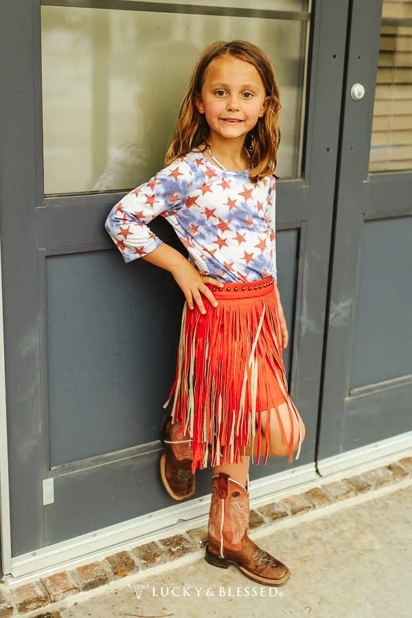 Girls Red Leather Studded Two Tier Fringe SK2111 in Red and Tan