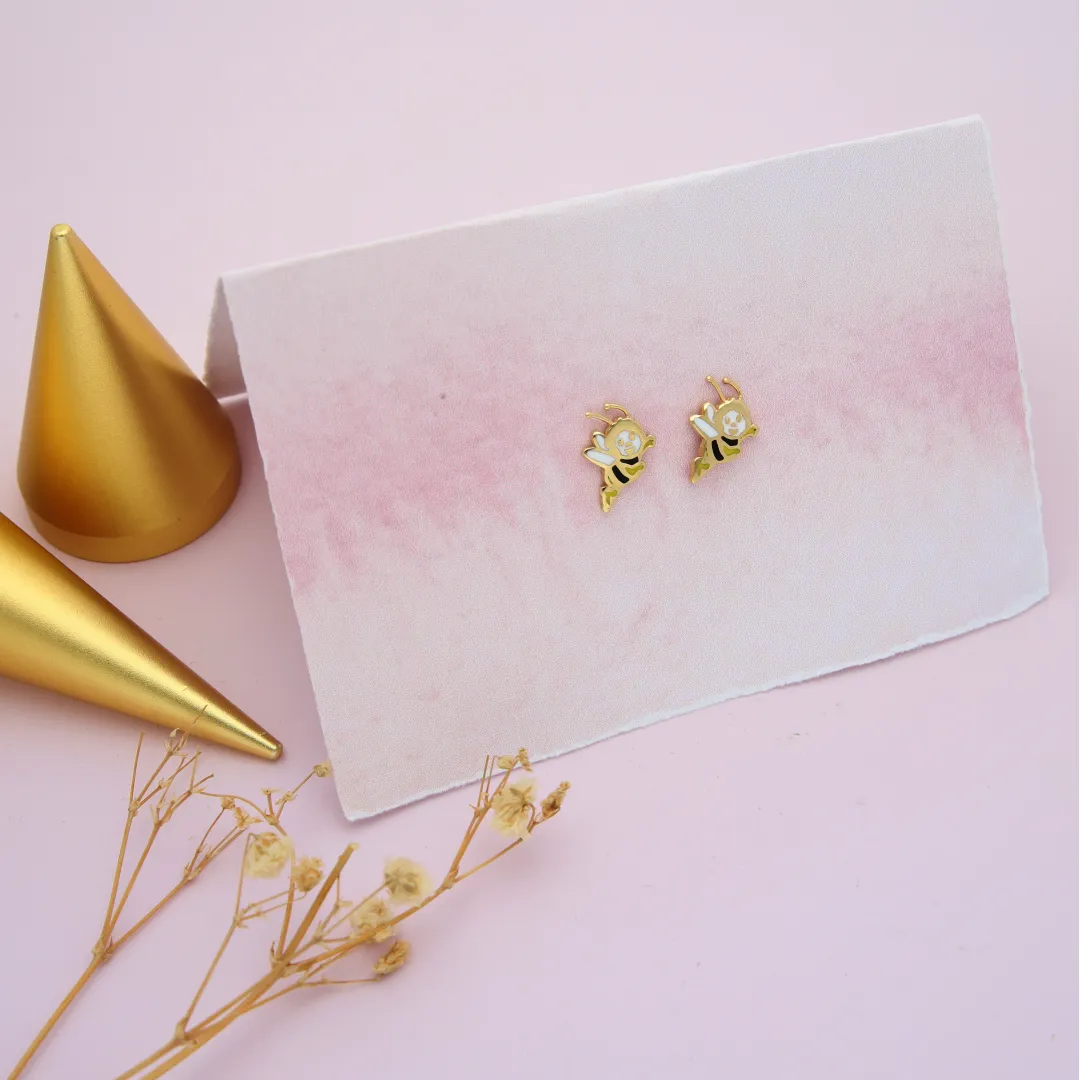 Gold Cartoon Honeybee Earrings 18KT - FKJERN18K9375