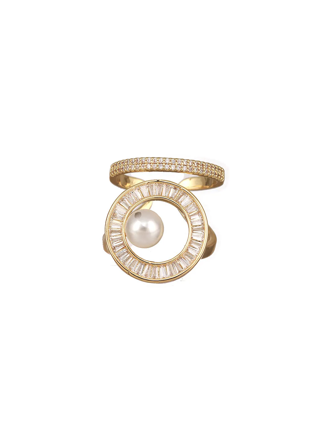 Gold-Plated Cz-Studded & Beaded Adjustable Finger Ring