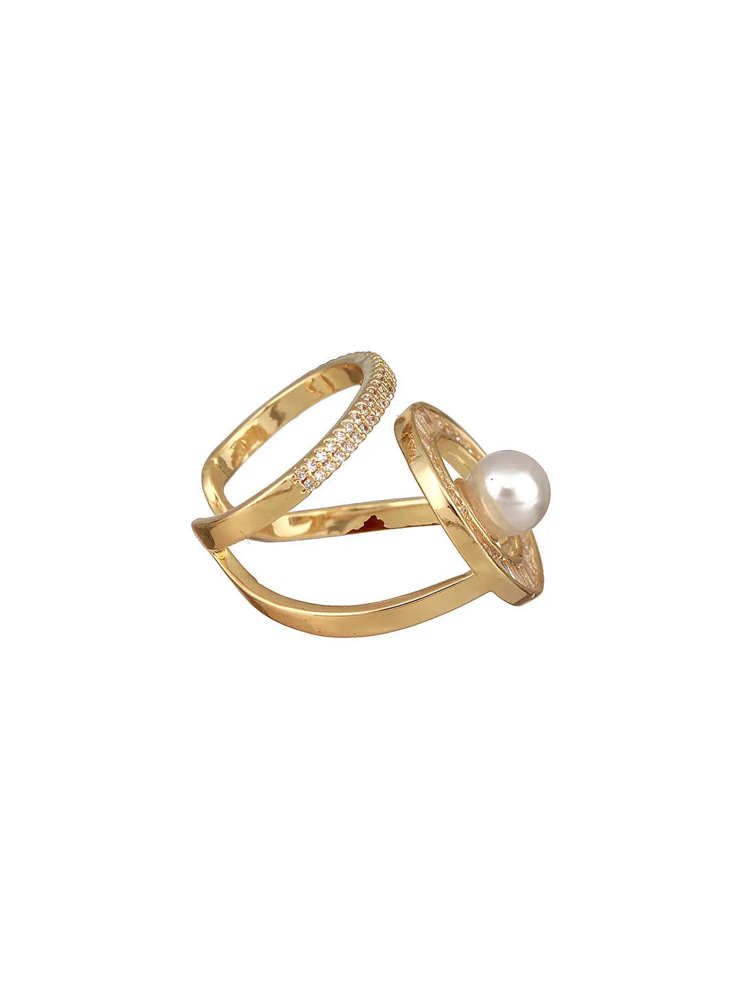 Gold-Plated Cz-Studded & Beaded Adjustable Finger Ring