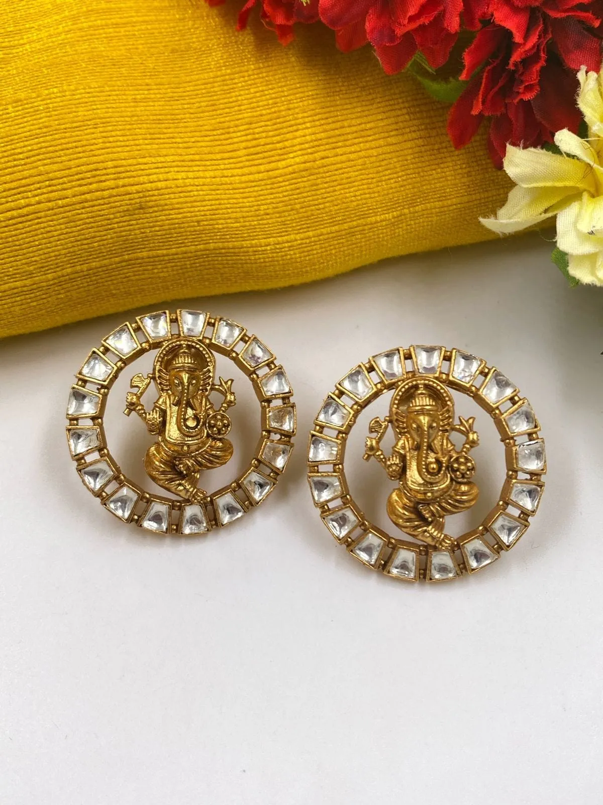 Gold Plated Lord Ganesha Temple Stud Earrings For Ladies By Gehna Shop