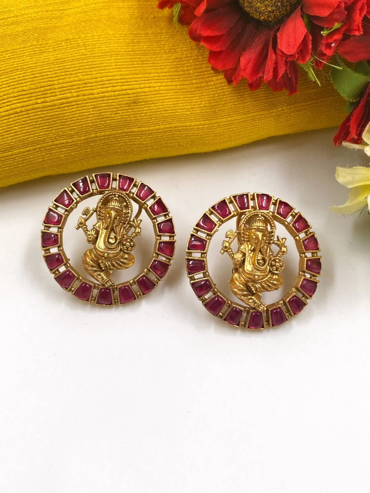 Gold Plated Lord Ganesha Temple Stud Earrings For Ladies By Gehna Shop