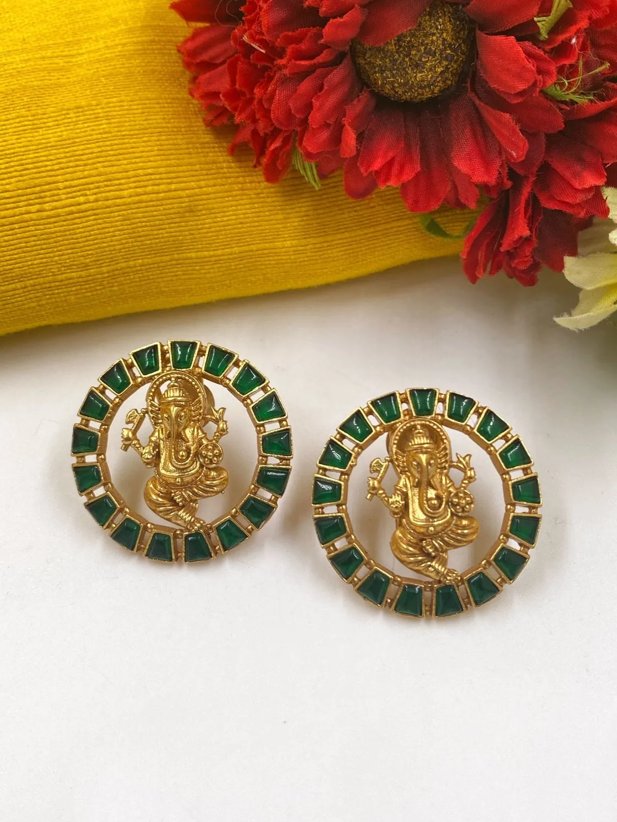 Gold Plated Lord Ganesha Temple Stud Earrings For Ladies By Gehna Shop