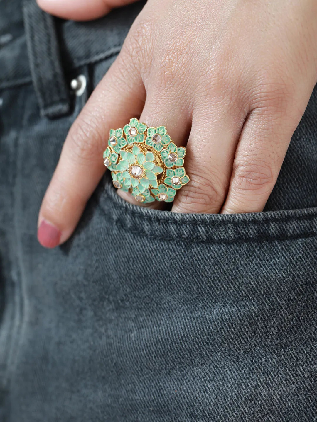 Gold-Plated Turquoise Blue & White Ad-Studded Handcrafted Adjustable Finger Ring