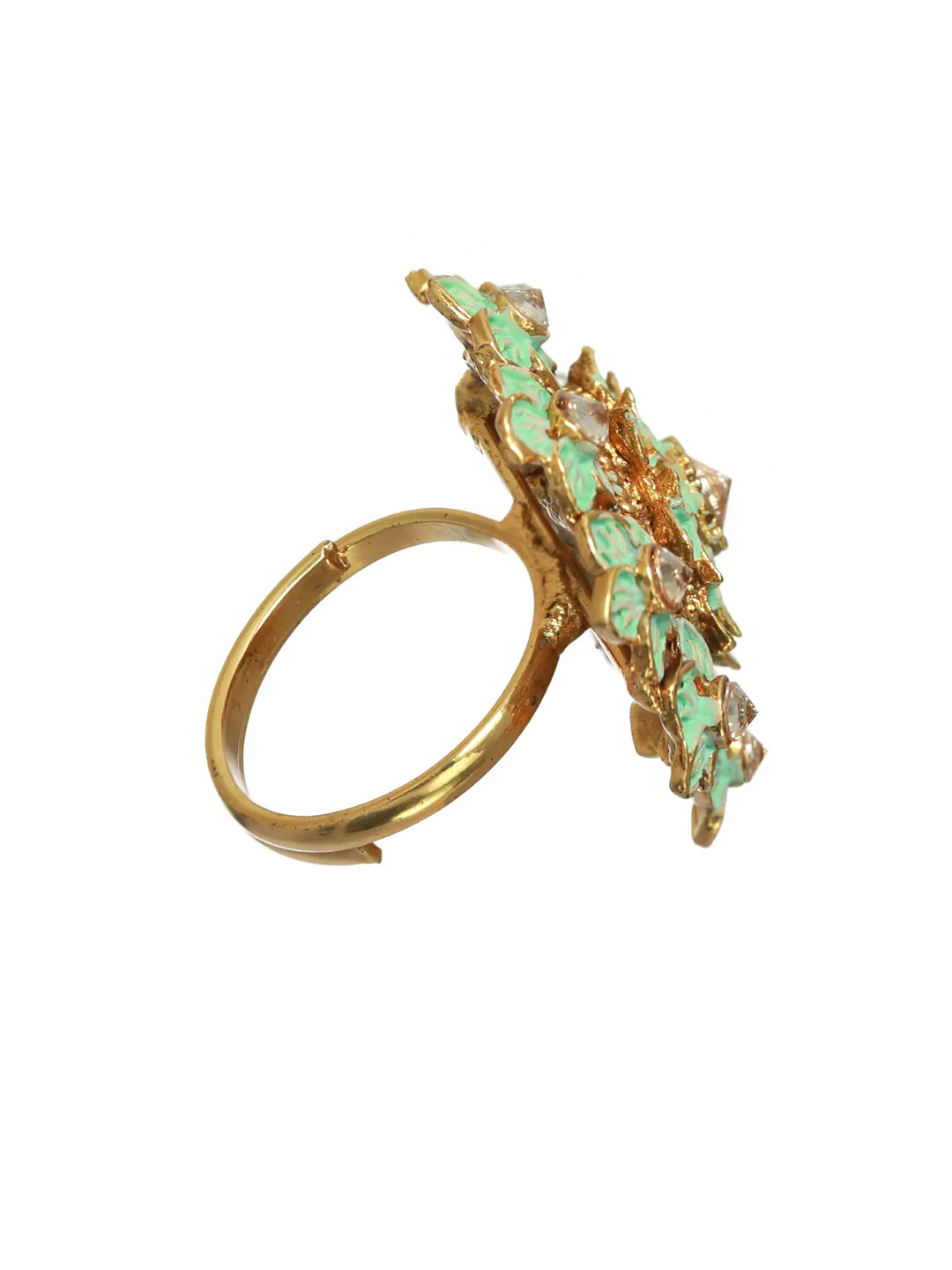 Gold-Plated Turquoise Blue & White Ad-Studded Handcrafted Adjustable Finger Ring