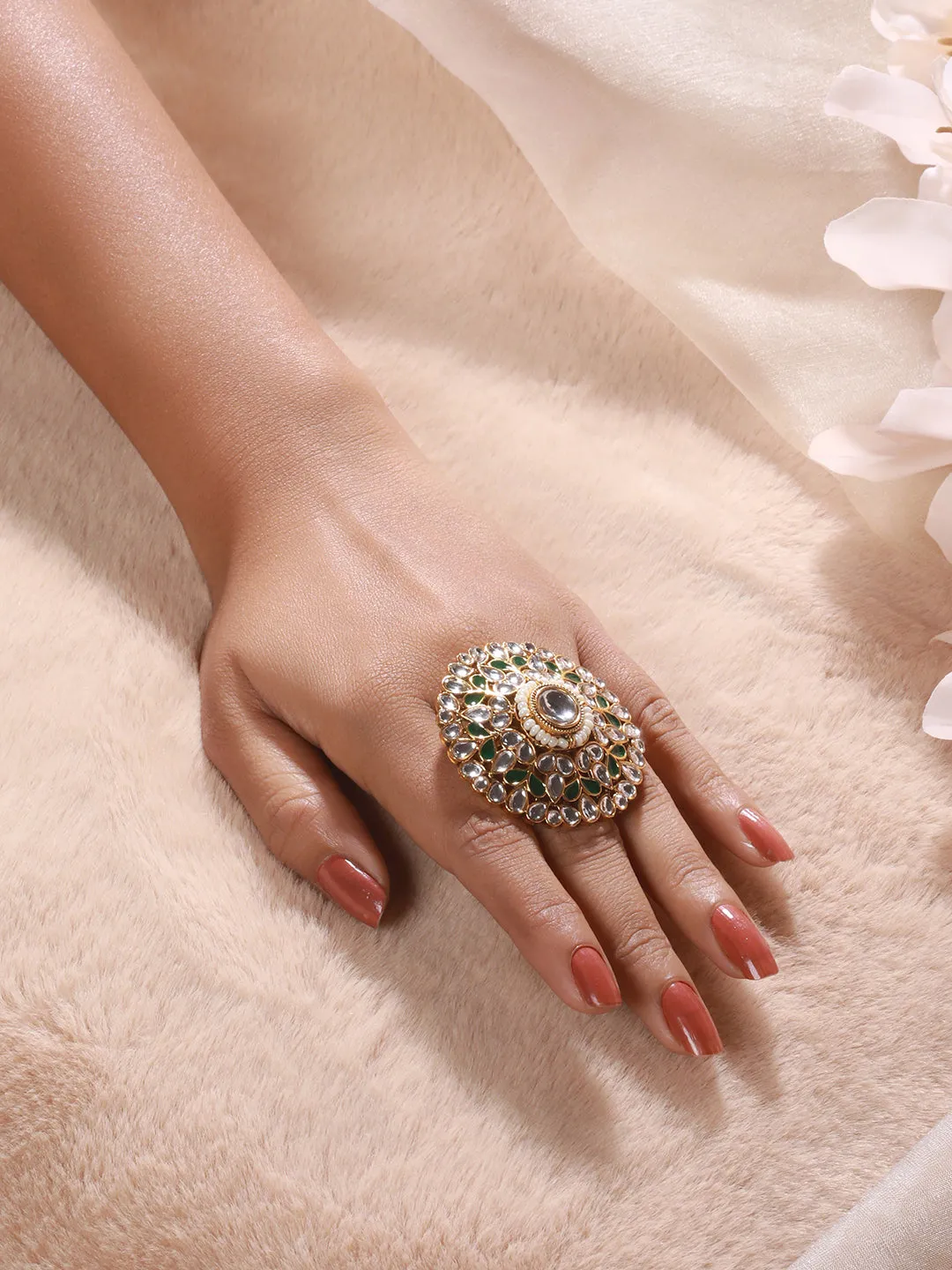 Gold-Plated White & Green Kundan-Studded Adjustable Finger Rings