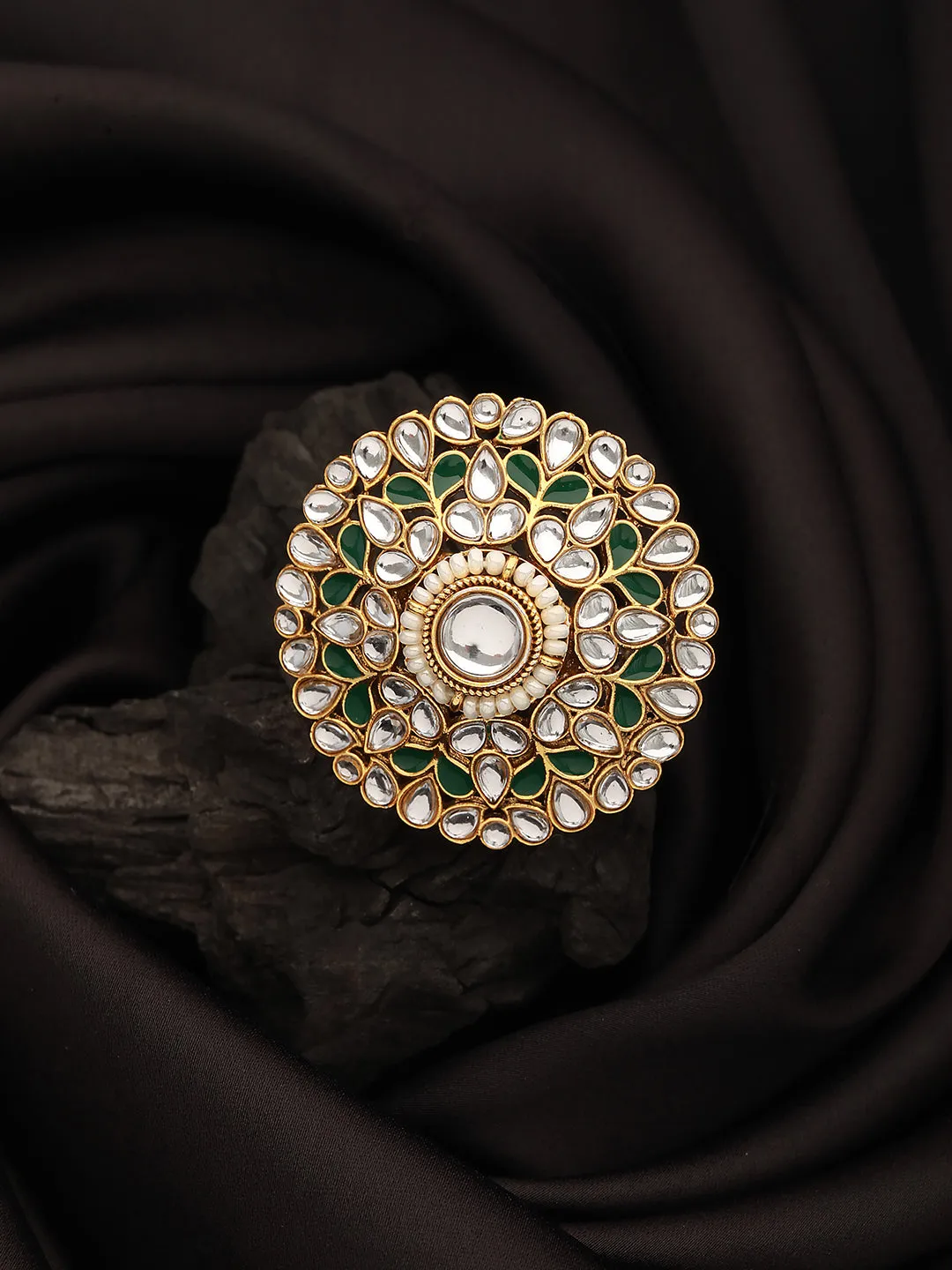 Gold-Plated White & Green Kundan-Studded Adjustable Finger Rings