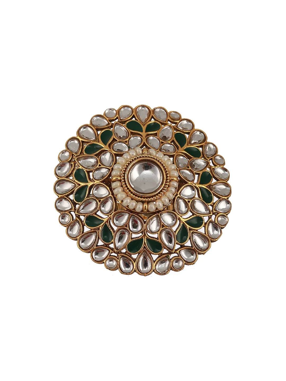 Gold-Plated White & Green Kundan-Studded Adjustable Finger Rings