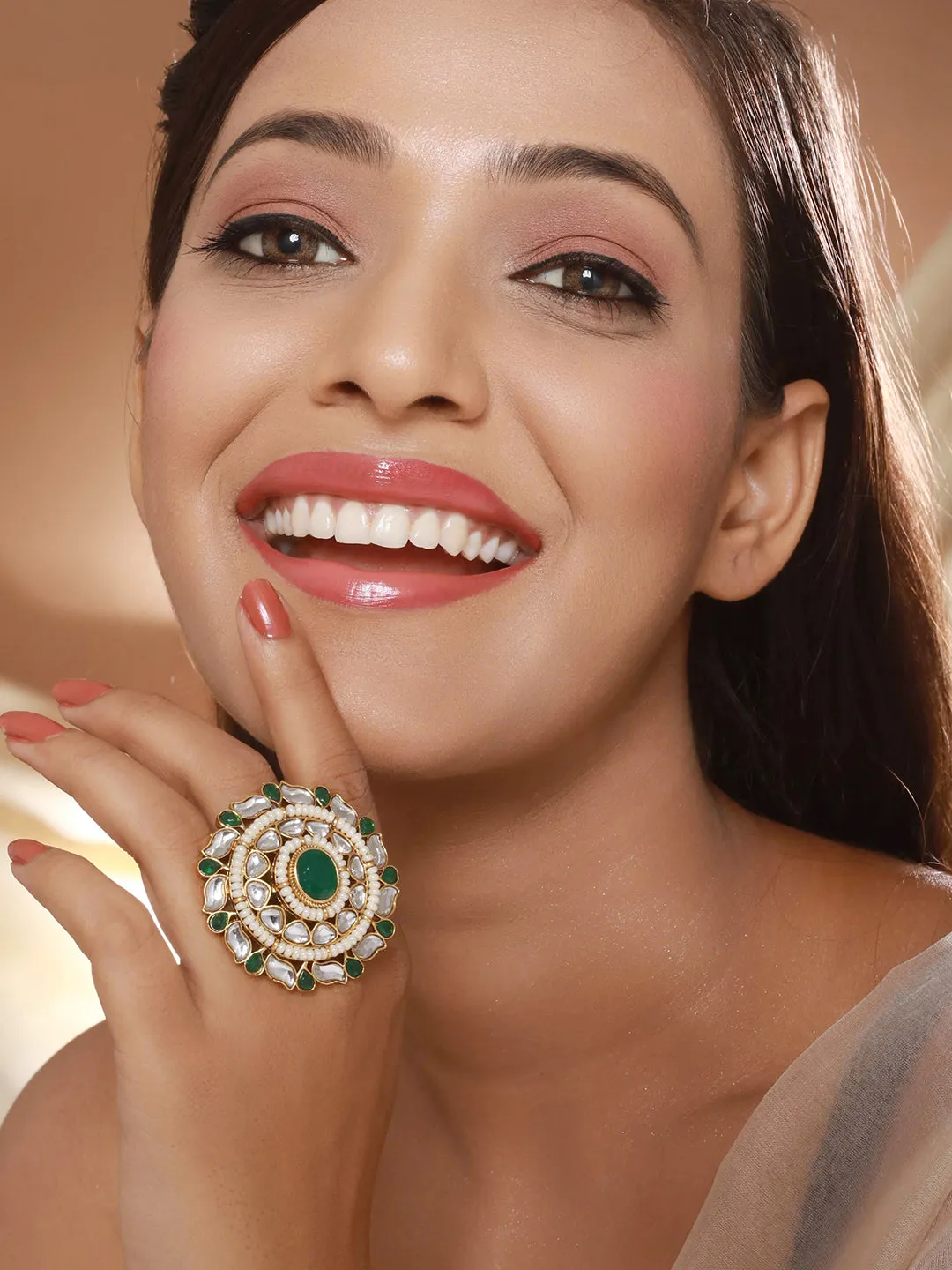 Gold-Plated White & Green Kundan-Studded & Pearl Beaded Adjustable Finger Rings