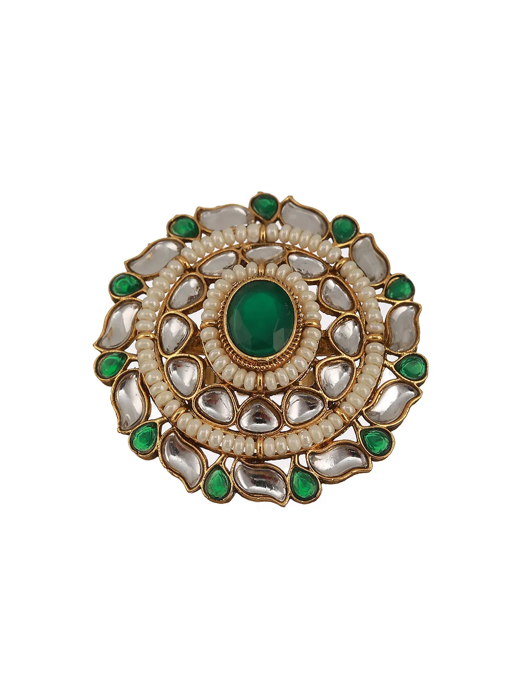 Gold-Plated White & Green Kundan-Studded & Pearl Beaded Adjustable Finger Rings