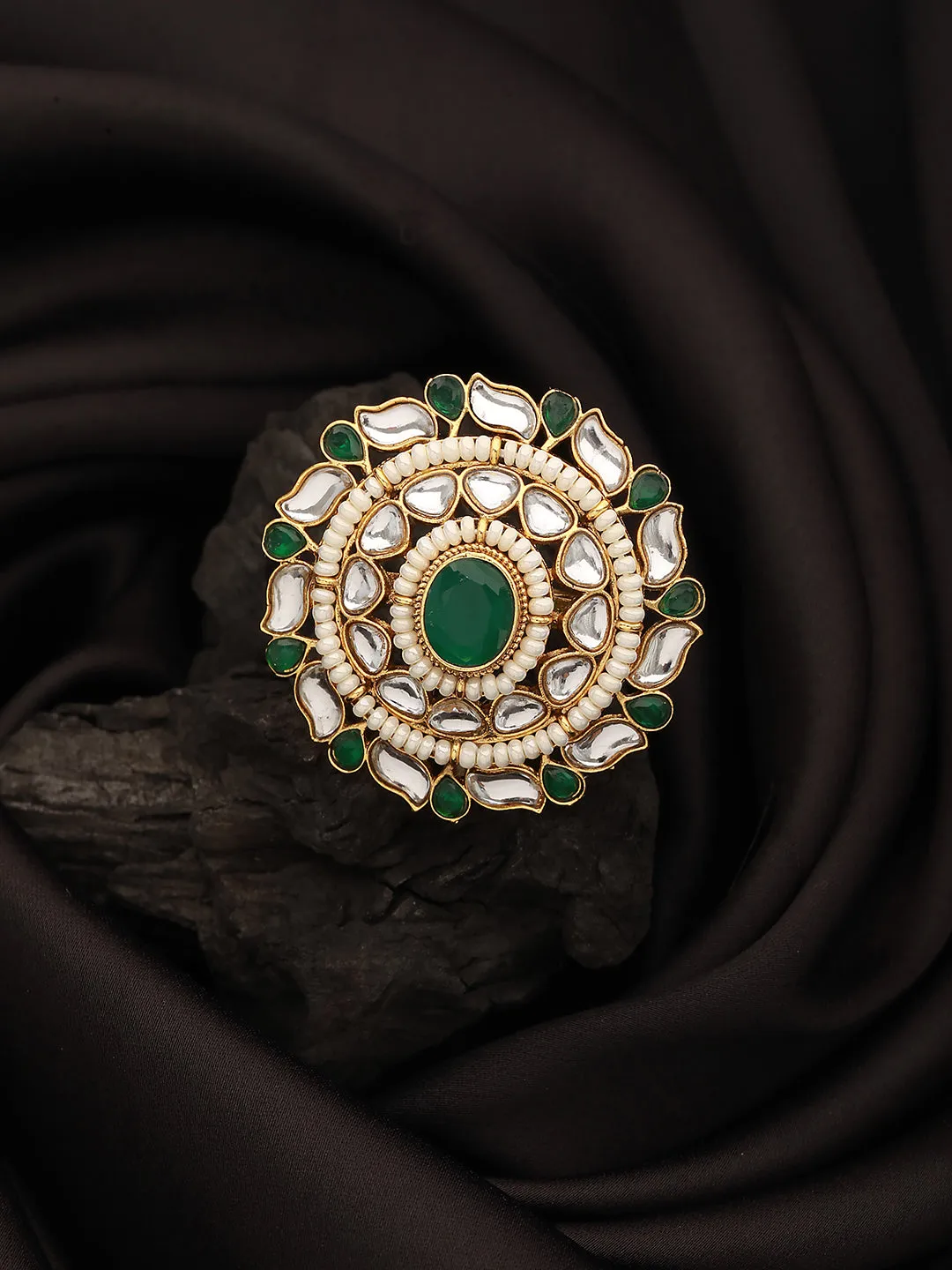 Gold-Plated White & Green Kundan-Studded & Pearl Beaded Adjustable Finger Rings