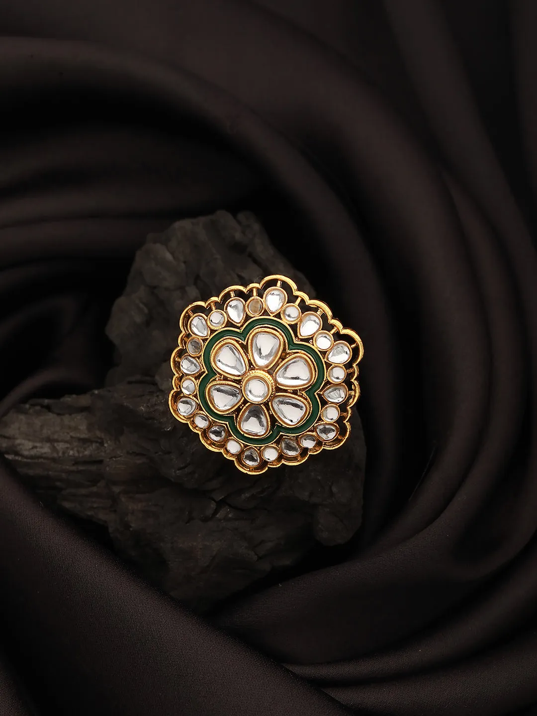 Gold-Plated White Kundan-Studded & Green Meenakari Adjustable Finger Rings