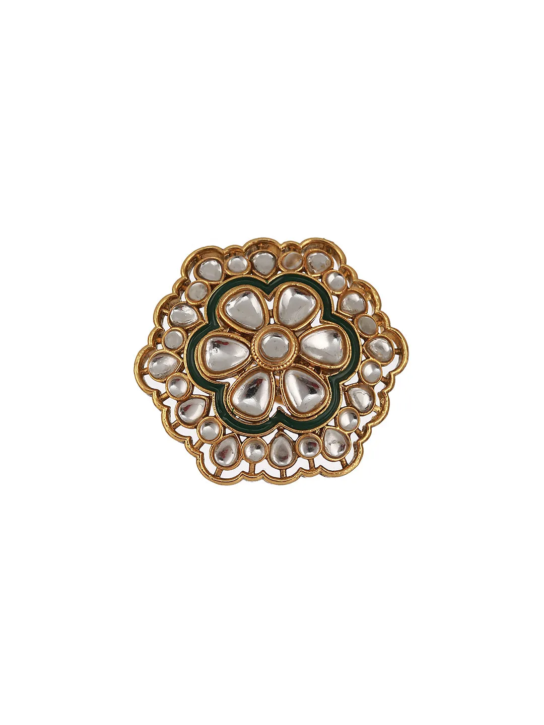 Gold-Plated White Kundan-Studded & Green Meenakari Adjustable Finger Rings