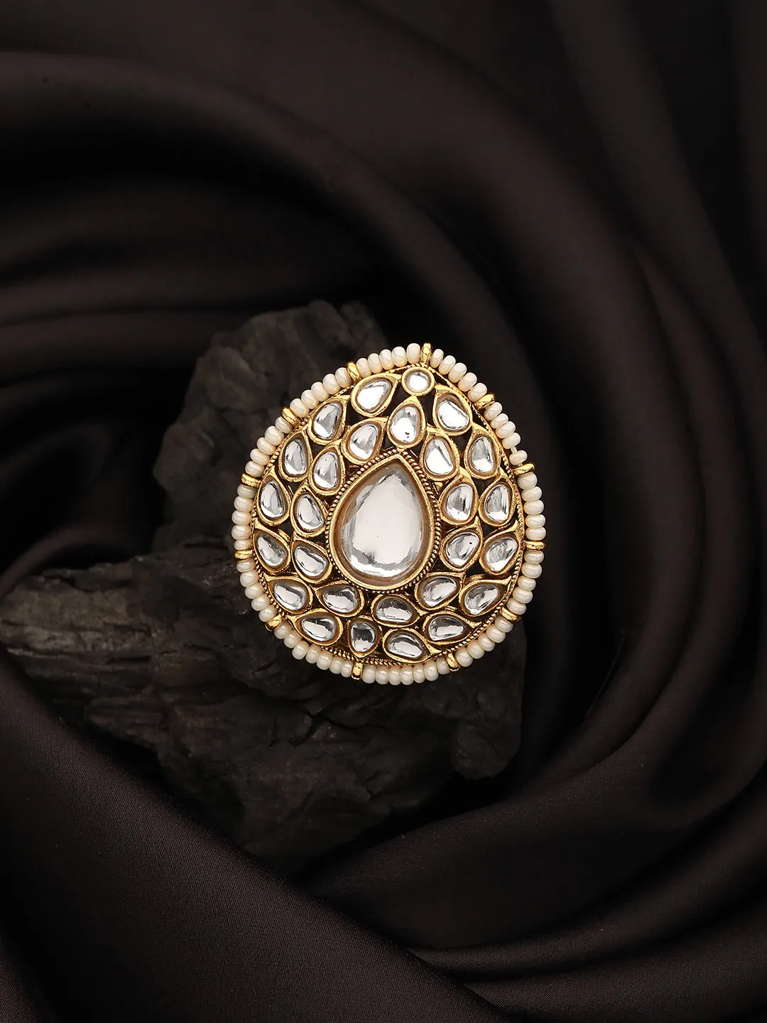 Gold-Plated White Kundan Studded & Pearl Embellished Adjustable Finger Ring