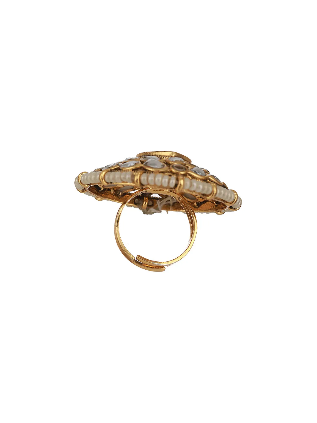 Gold-Plated White Kundan Studded & Pearl Embellished Adjustable Finger Ring