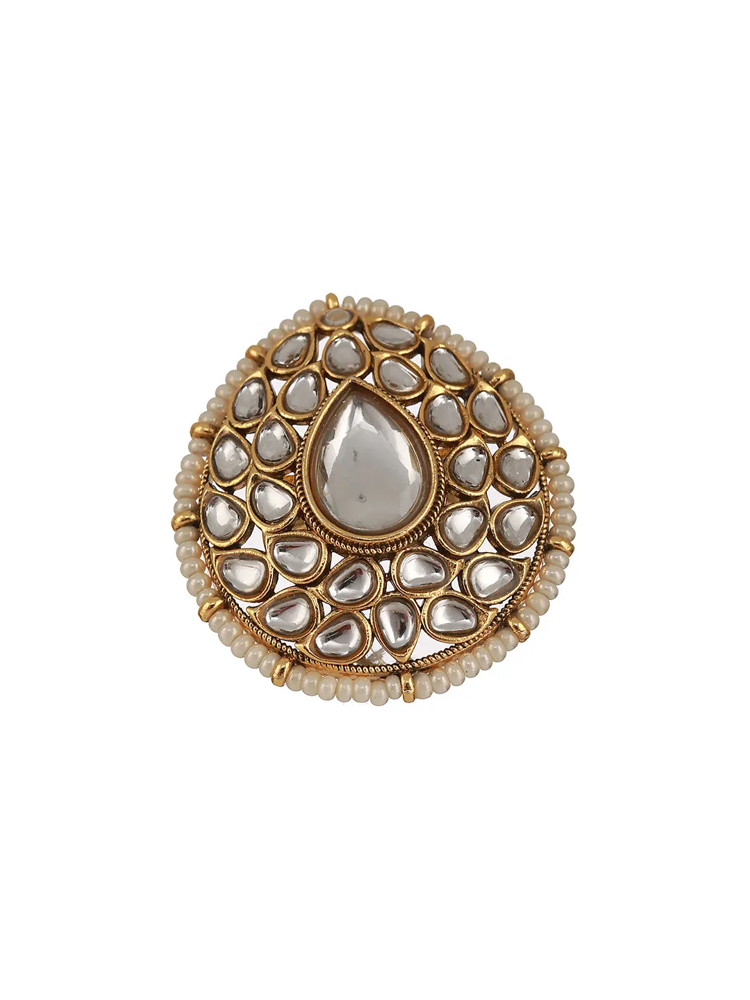 Gold-Plated White Kundan Studded & Pearl Embellished Adjustable Finger Ring