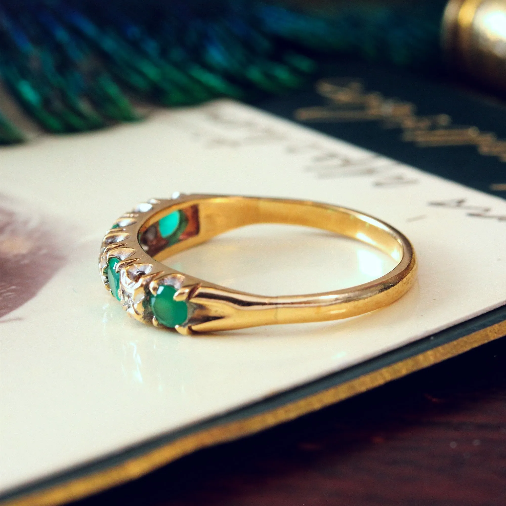 Green Agate and Diamond Band Ring